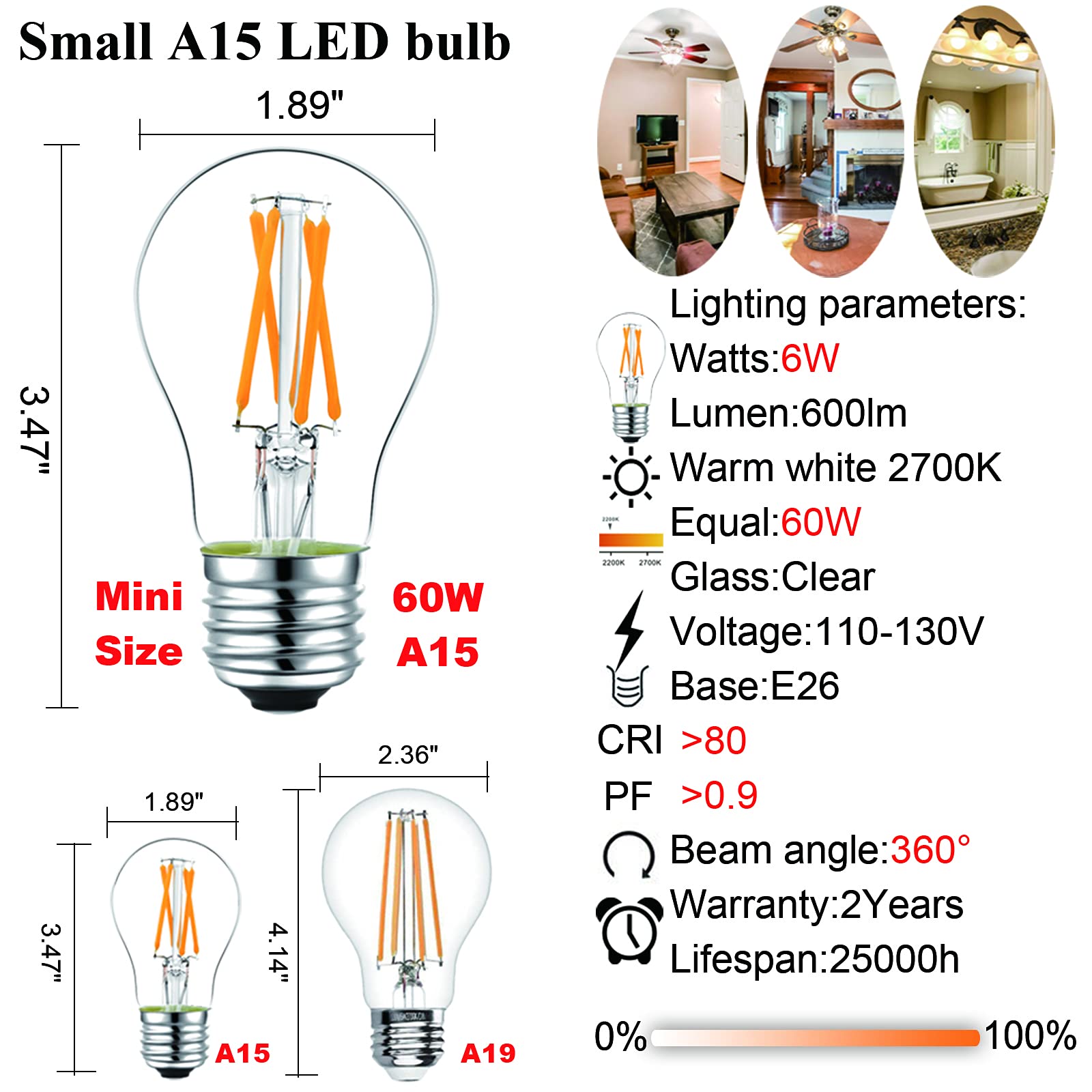 LiteHistory Bombilla LED E26 equivalente a 6 W, 60 W, no regulable, bombilla LED Edison A15 para ventilador de techo, apliques de pared, nevera, lámpara de escritorio, blanco cálido, 2700 K, 600 lm