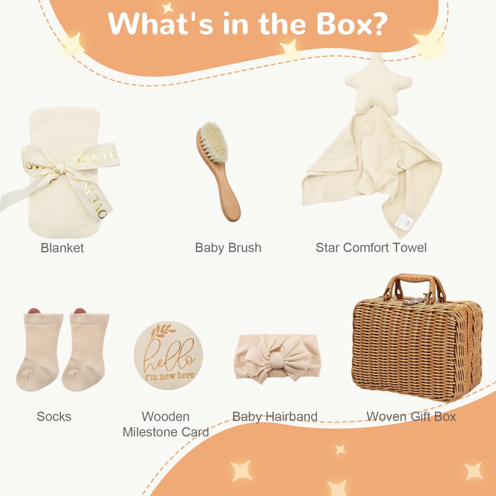 8 Pezzi Regalo Neonato Maschio Femmina, Regalo Battesimo Bimbo con Coperta, Sonaglio, Calzini e Scatola Dei Ricordi, ecc, Set Bagnetto Neonato Per Baby Shower, Neo Genitori (Beige)