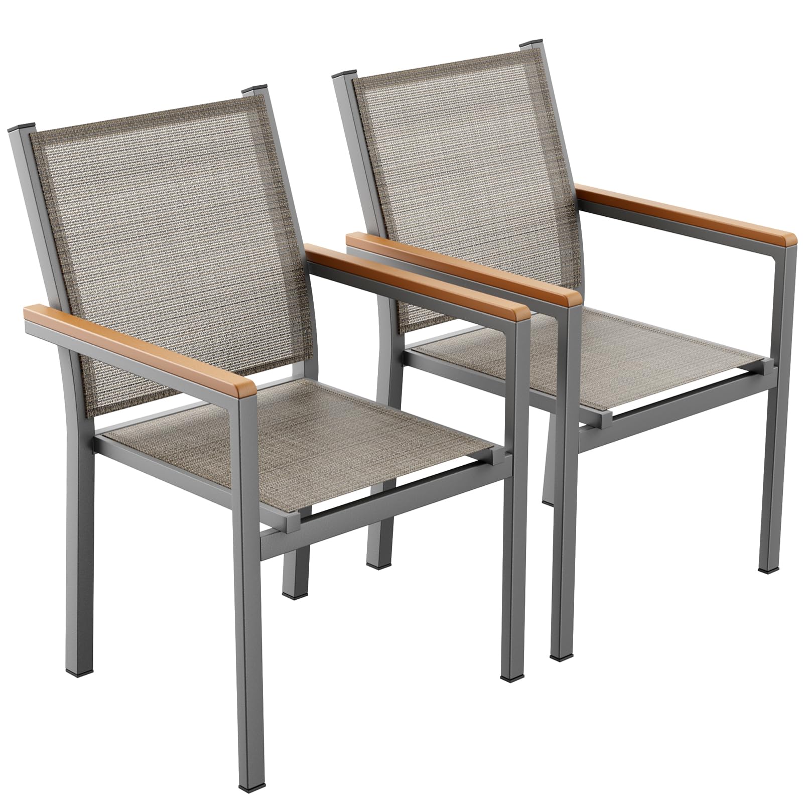LIFERUN Krzesła ogrodowe, zestaw 2 sztuk, aluminium, możliwość układania w stos, tekstylne, poręcz WPC, krzesła balkonowe, na taras, balkon, taras, basen, do restauracji, odporne na warunki