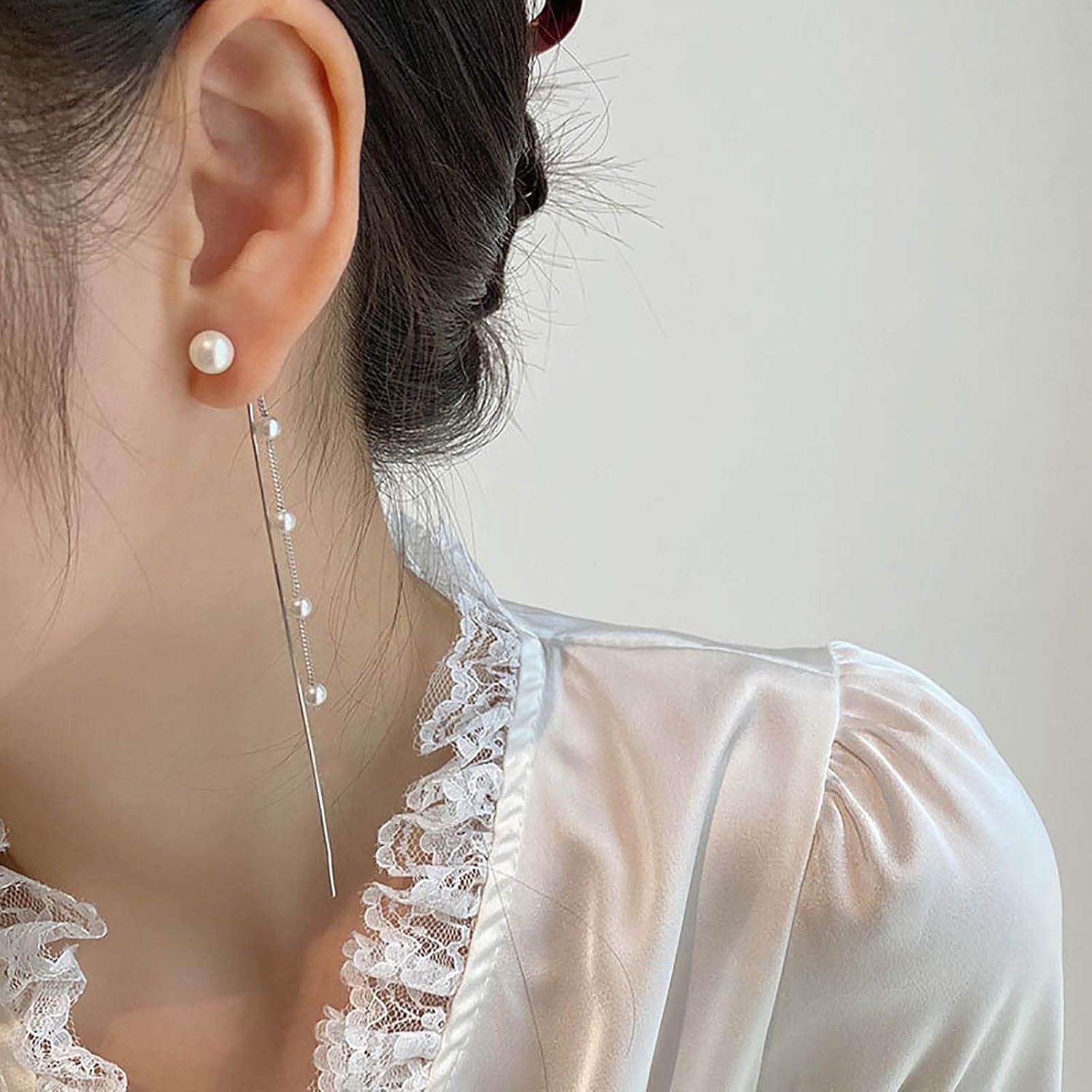 Andelaisi Boho Pearl Drop Earrings Silver Long Pearl Tassel Earrings Vintage Pearl Chain Earrings Tiny Pearl Dangle Earrings Jewelry for Women - Image 4