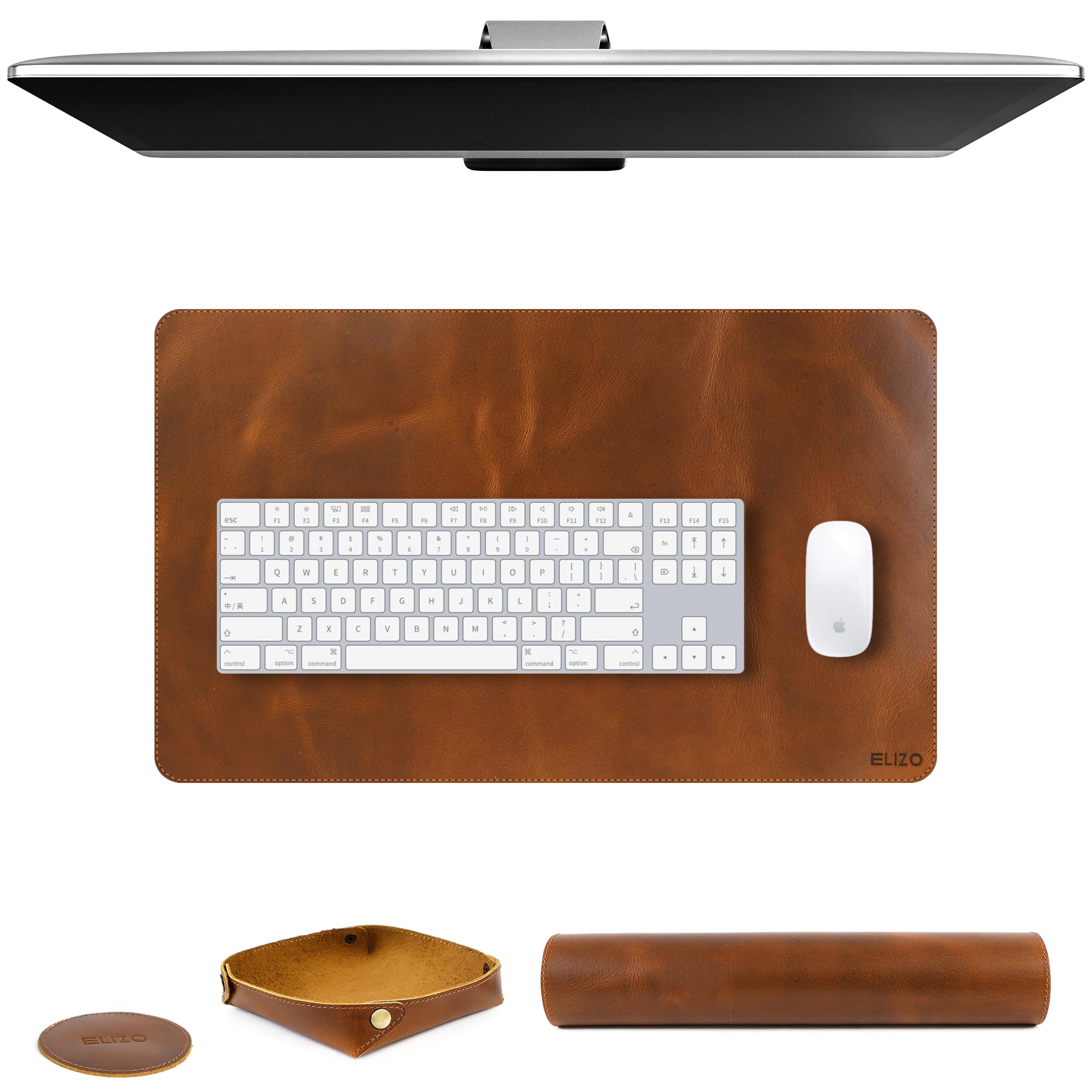 Photo 1 of Elizo Real Leather Desk Mat Set (24X14) Large Desk Cover Desk Blotter Protector Computer Gaming Mouse Pad Table Laptop Office Desktop Accessories Antique