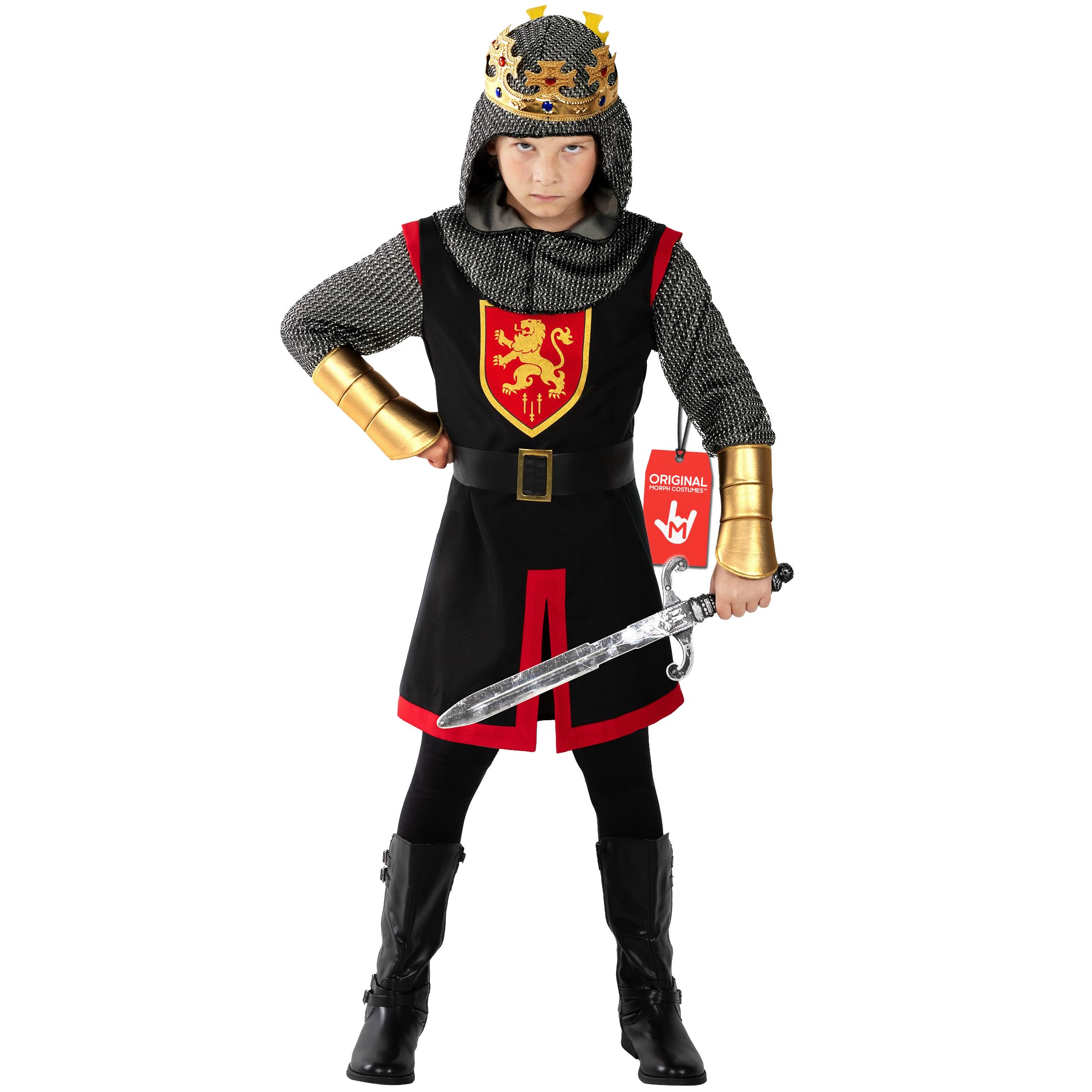 Morph Costume Cavaliere Bambino, Costume Medievale Halloween Bambino | Tunica, Cappuccio, Corona, Cintura & Guanti, Perfetto per Halloween, Ideale per il Gioco di Ruolo