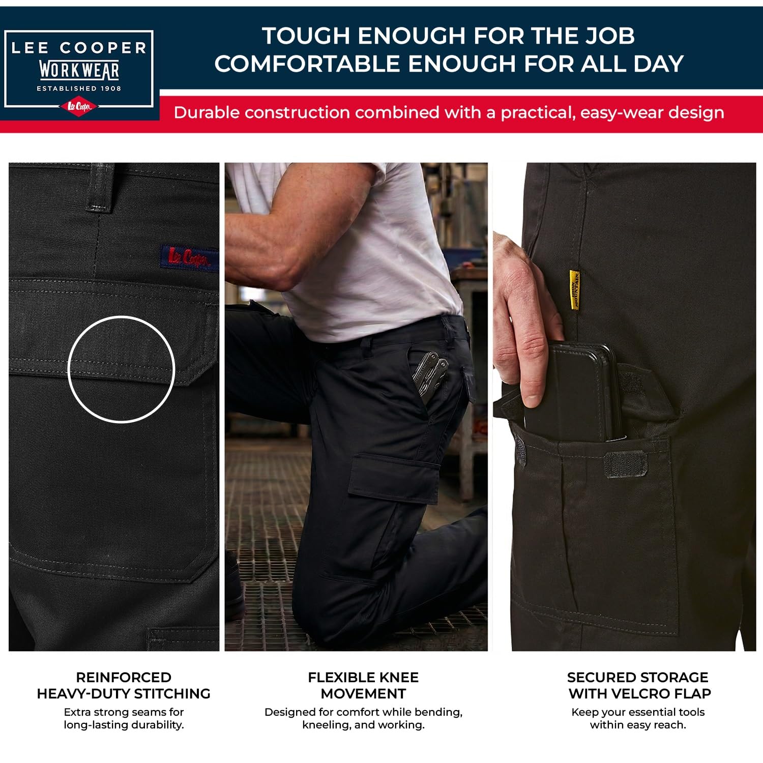 Lee Cooper Pantaloni Lavoro Uomo Cargo 245 GSM – Workwear Resistenti Multi Tasche Facile Cura, Pantaloni Sicurezza Regular Fit con Bottone e Zip