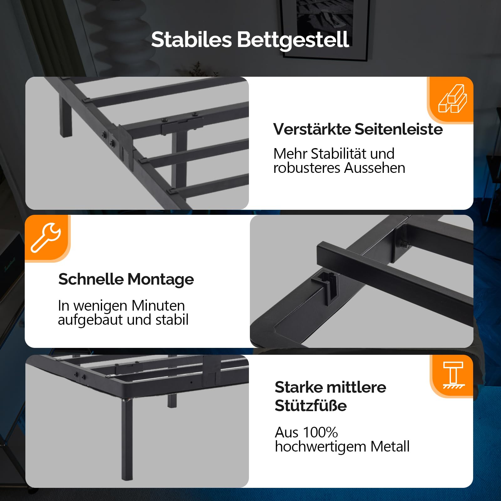 Bonnlo Bettgestell mit Lattenrost, Bett mit LED Beleuchtung, Metallbett Robust mit 1 AC-Steckdose und USB-C-Anschluss, Schwebenbett mit 36 cm Höhe schwarz (ohne matratze) (90 x 200 cm)