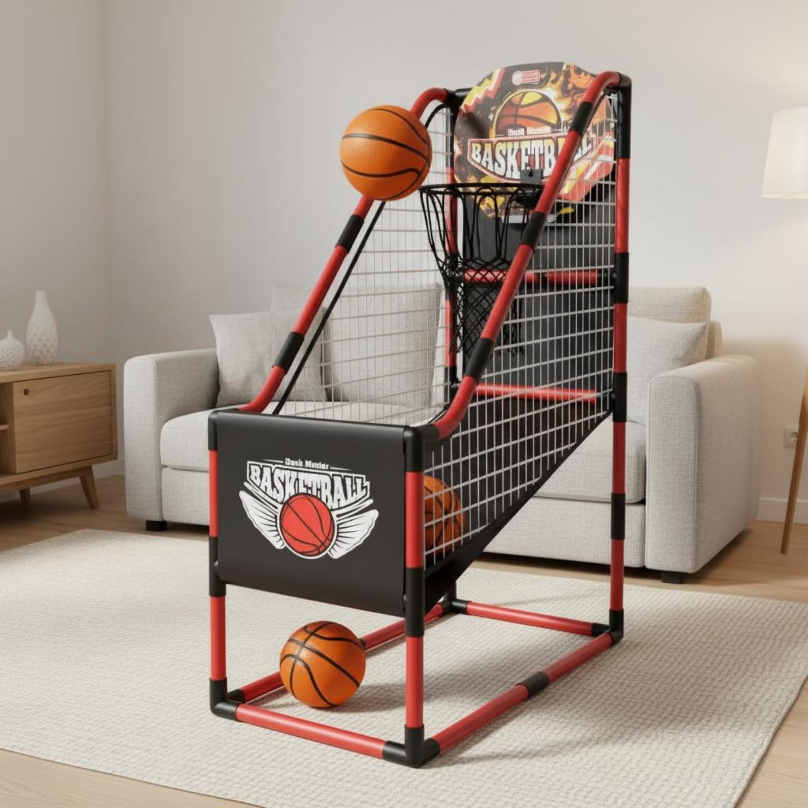 Gralara Canestro da Basket Bambini Set Gioco Basket Mini Canestro Cornice Autoportante Due Borsa a Rete Organizzazione in Plastica per Gioco Attivo Famiglia