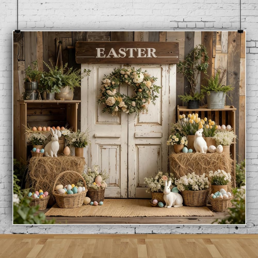Photo 1 of 10x8ft Easter Backdrops for Photography Rustic Wooden Wall Flower Greenery Easter Photo Backdrop Props for Photoshoot Spring Birthday Party Baby Shower Decorations Studio Photo Prop