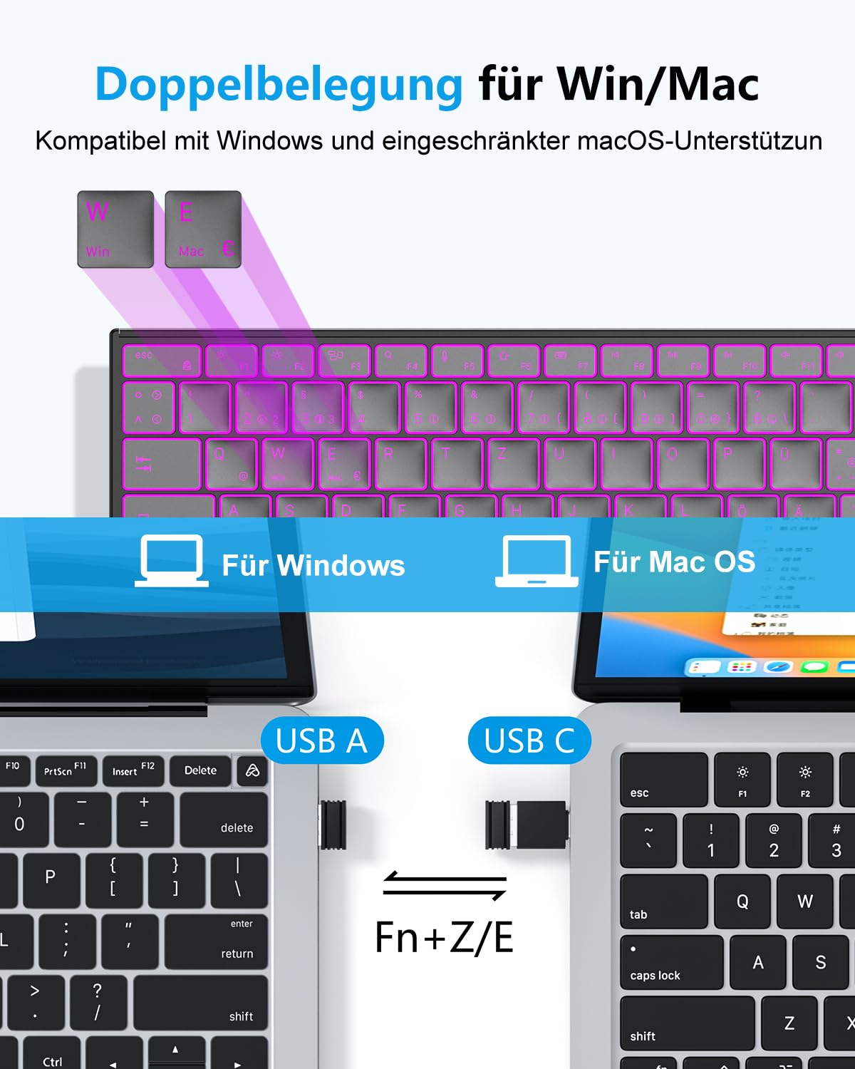 OMOTON Kabellose Tastatur Beleuchtet, Bluetooth + 2,4G, Graphit | Metallgehäuse, Wiederaufladbare, Multi-Device, Funktastatur Leise, Ergonomische, Deutsches QWERTZ Layout für Windows PC/MAC