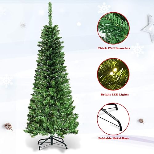 Miniatura 4 de GOFLAME Árbol de Navidad preiluminado, árbol de Navidad artificial delgado con 150 luces LED y soporte de metal sólido, árbol de decoración de