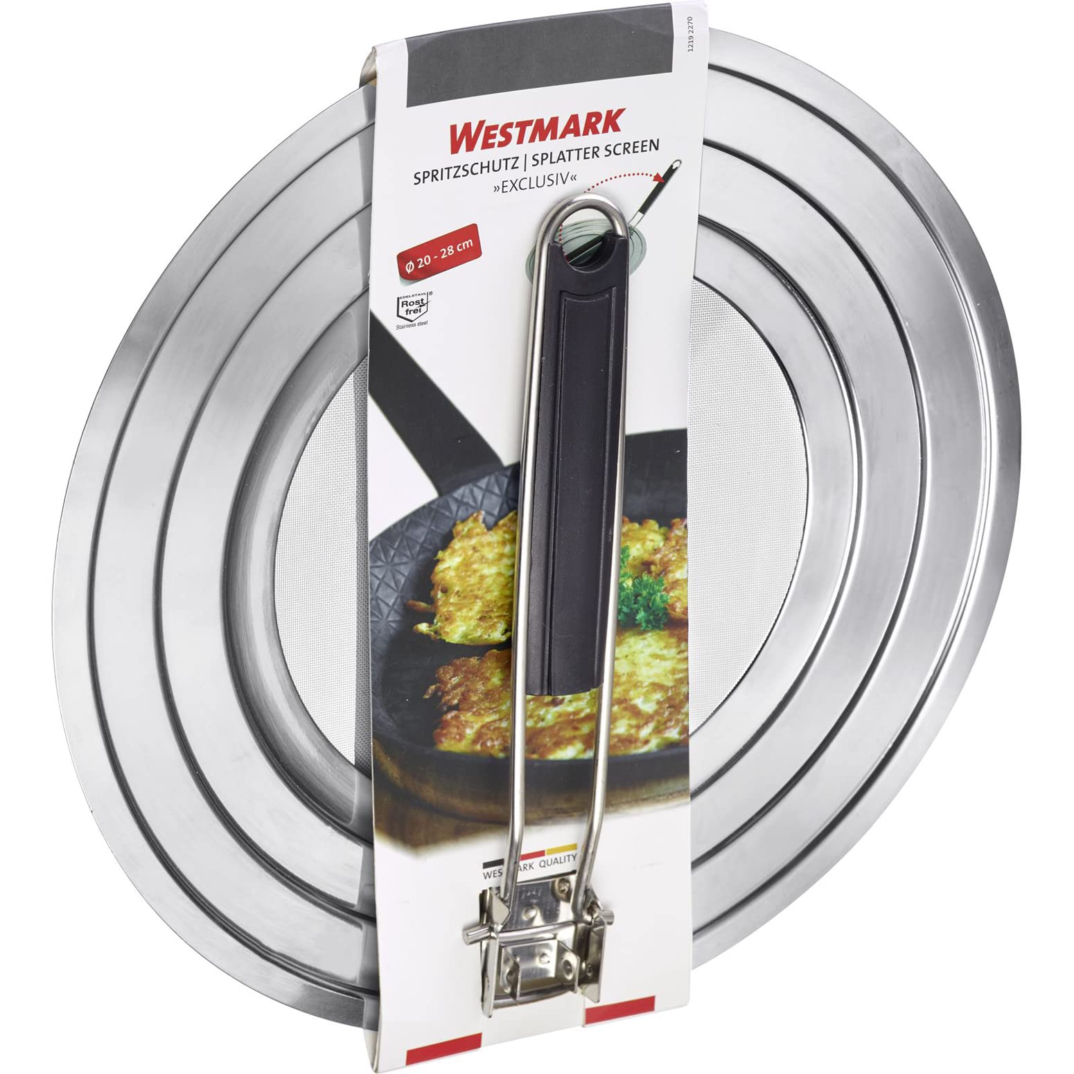Westmark Coperchio Paraspruzzi, Per Pentole e Padelle con Diametro di 20, 24 e 28 cm, Manico con Isolamento Termico, Acciaio Inox, Exclusiv, Argento/Nero, 12192270