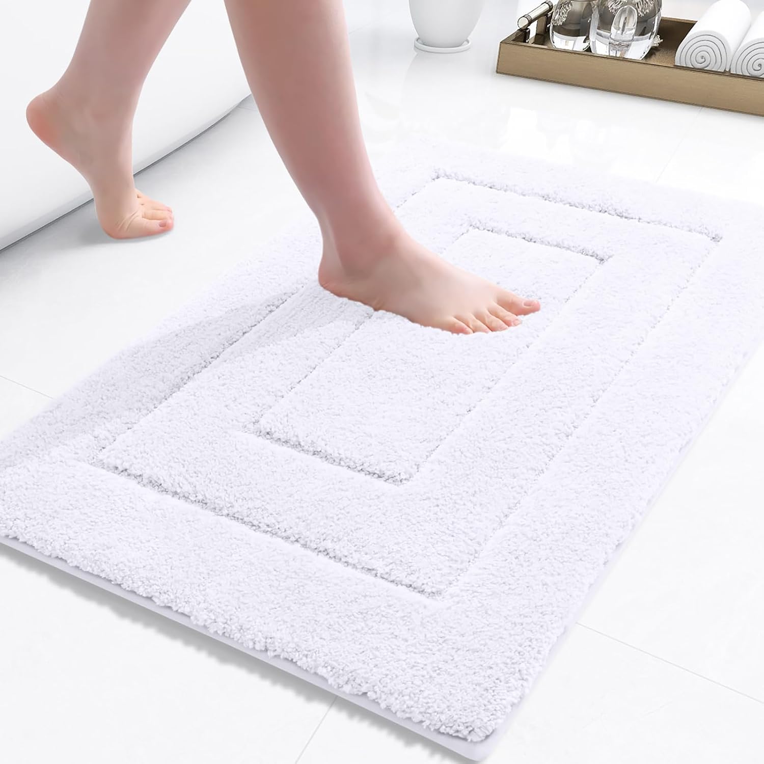 Buganda Microfiber Bathroom Rugs, Bath Rug Size 24 x 16 and 59 x 20 in White, 2 Item Bundle