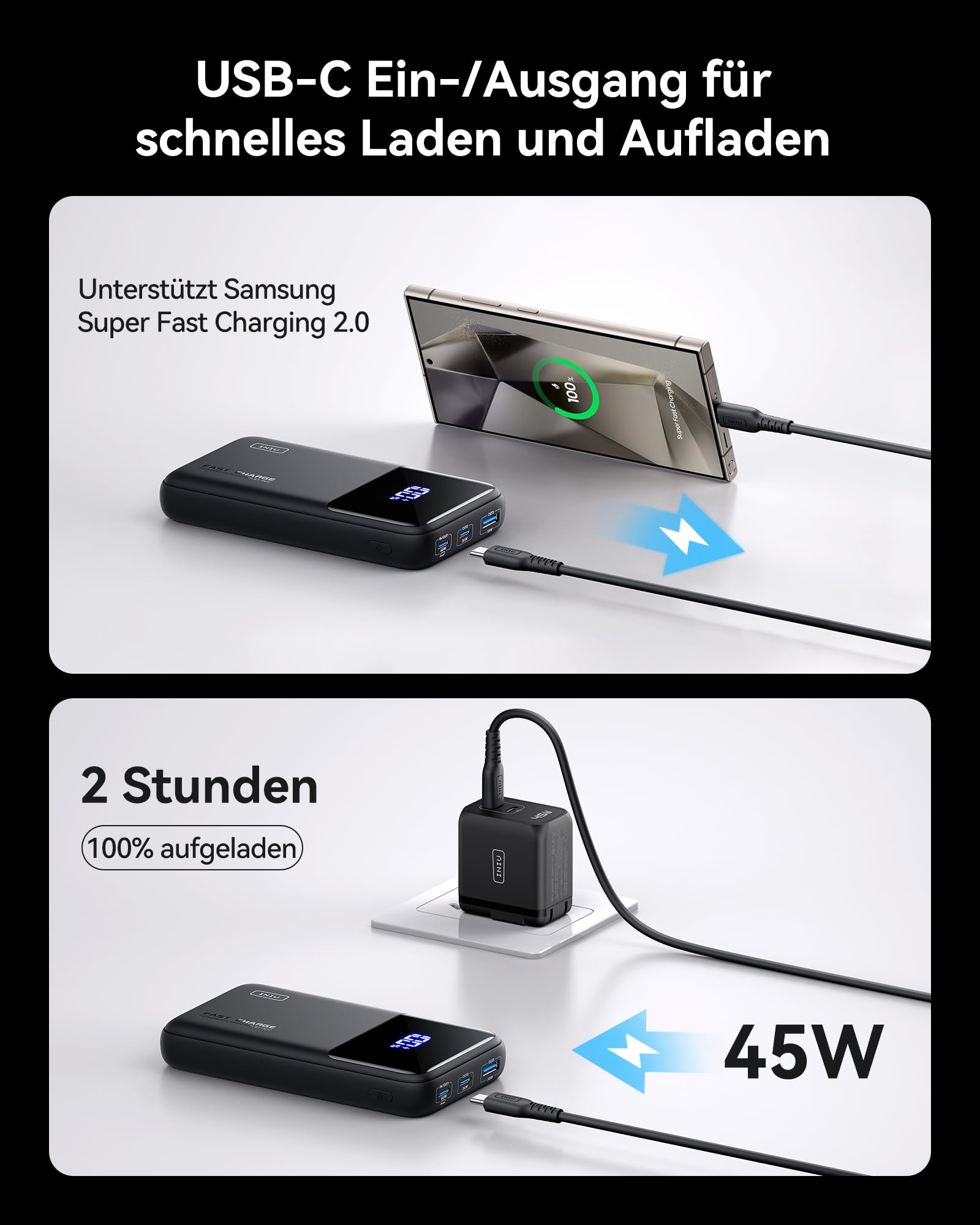 INIU 65W Schnellladung Laptop Powerbank, Small 20000mAh Externe Handyakkus | Flugzeug Geeignet, mit USB-C Kabel, Externe Handyakkus für MacBook, Steam Deck, iPhone 17 Samsung iPad uvm (Klassische Größe