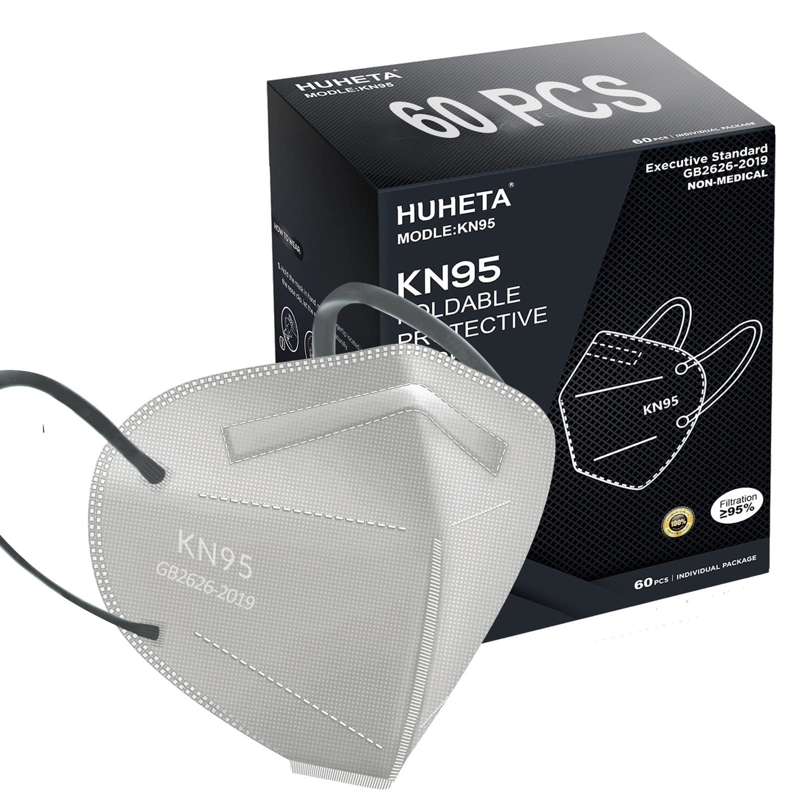 HUHETA KN95 Face Mask 60 PCs, 5-Ply Safety Masks for Men and Women, Filter Efficiency Over 95% (Grey Mask)