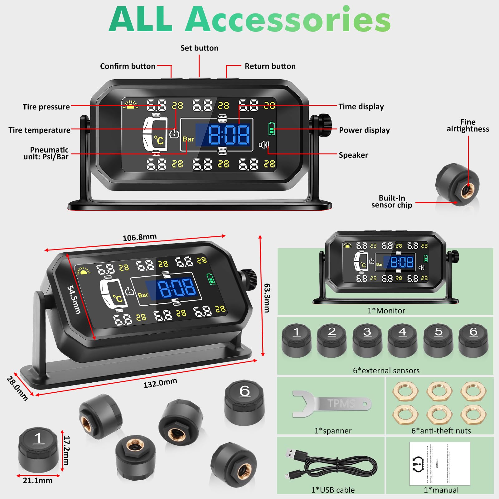 TPMS Sistema Monitoreo Presión Neumáticos, 6 Sensores, 8bar/116psi, Carga Solar/USB, para Vehículos Pesados/Caravanas/Autocares (Versión Mejorada Comercial)