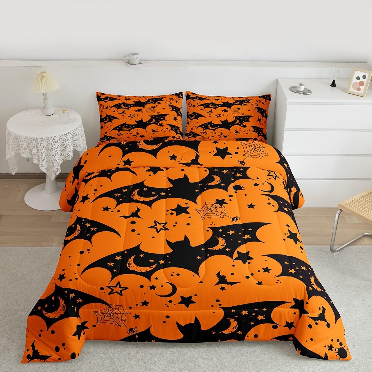 Feelyou Kids Happy Halloween Comforter Set Queen Size Cobweb Bat Cute Star Print Bedding Set for Boys Teens Decor Horror Theme Comforter Witchcraft Duvet Set Bedroom Quilt Set 3Pcs
