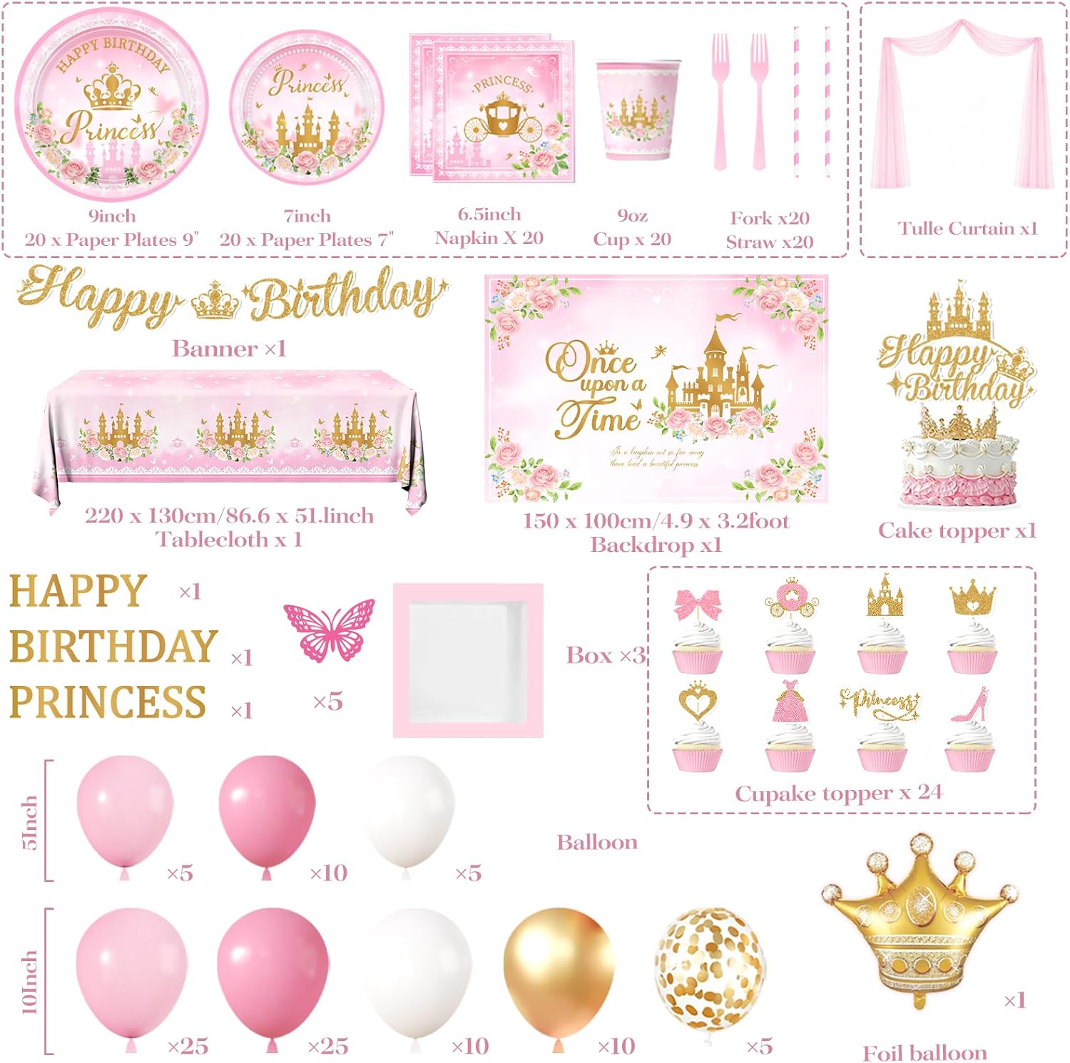 248Pcs Princess Birthday Party Decorations Pink Once Upon A Time Birthday image 4