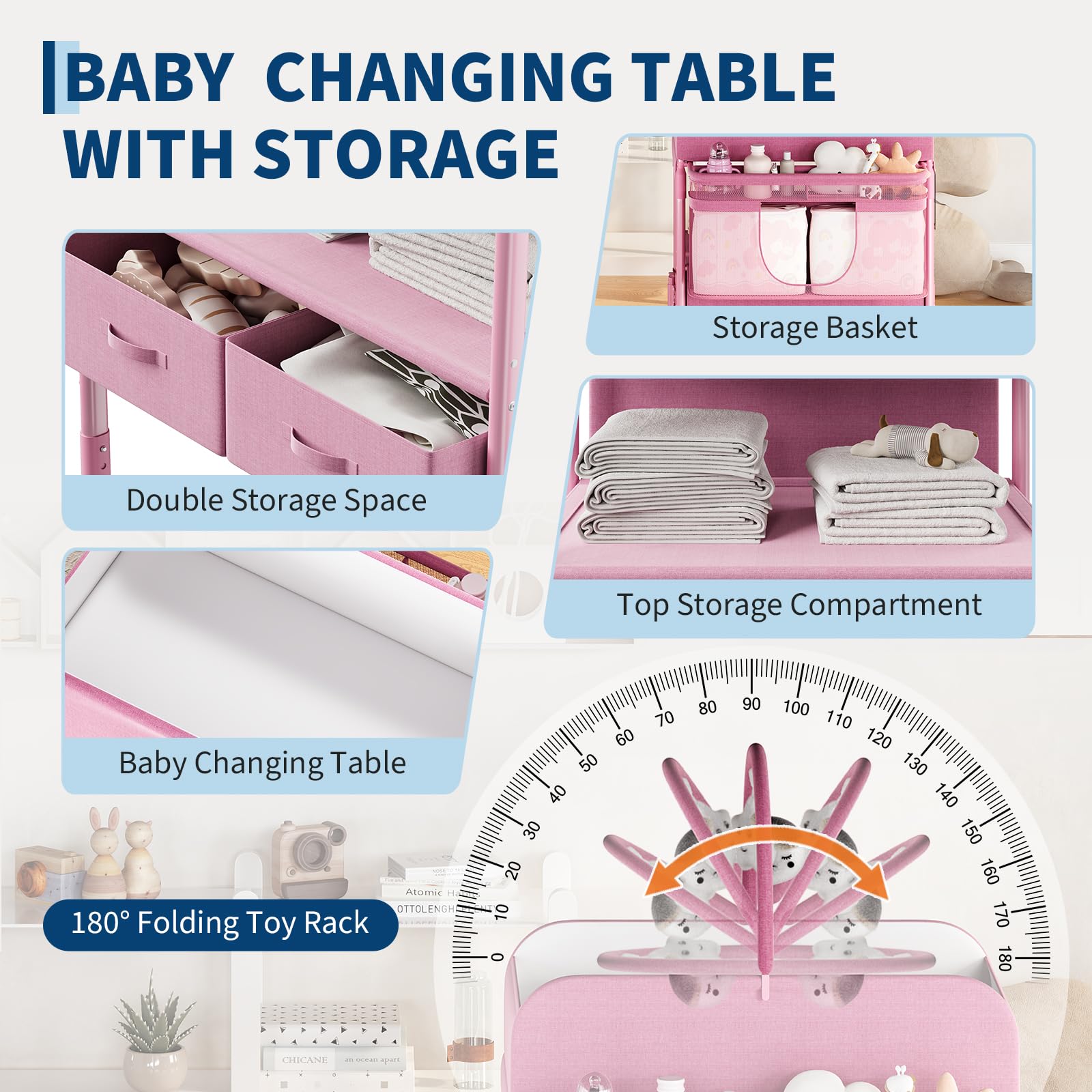 Cambiador portátil y plegable, estación cambiador plegable portátil, altura ajustable, colchón impermeable, cajones de almacenamiento para recién nacidos y bebés, rosa