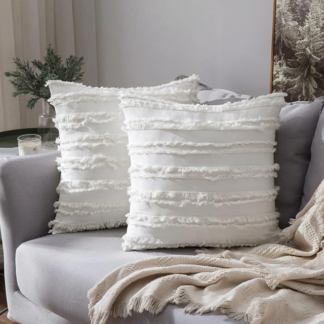 MIULEE Pack of 2 Throw Pillow Decorative Cushion Covers Tassels Design Home Soild Case for Sofa Chair Couch Bedroom Decorative Pillowcases 18x18inch 45x45cm White