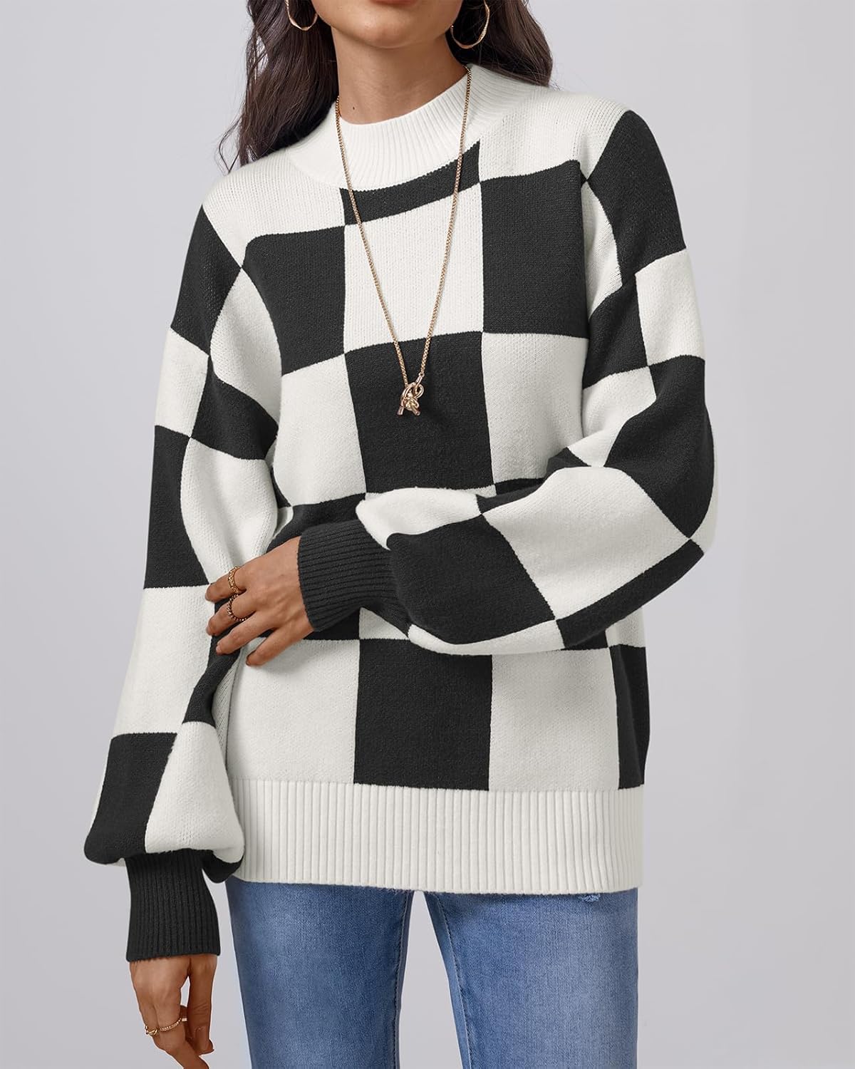 ATHMILE Womens Fashion Turtleneck Sweater Long Sleeve Plaid Ribbed Knit Loose Pullover Tops Trendy Office Outfits - Image 3