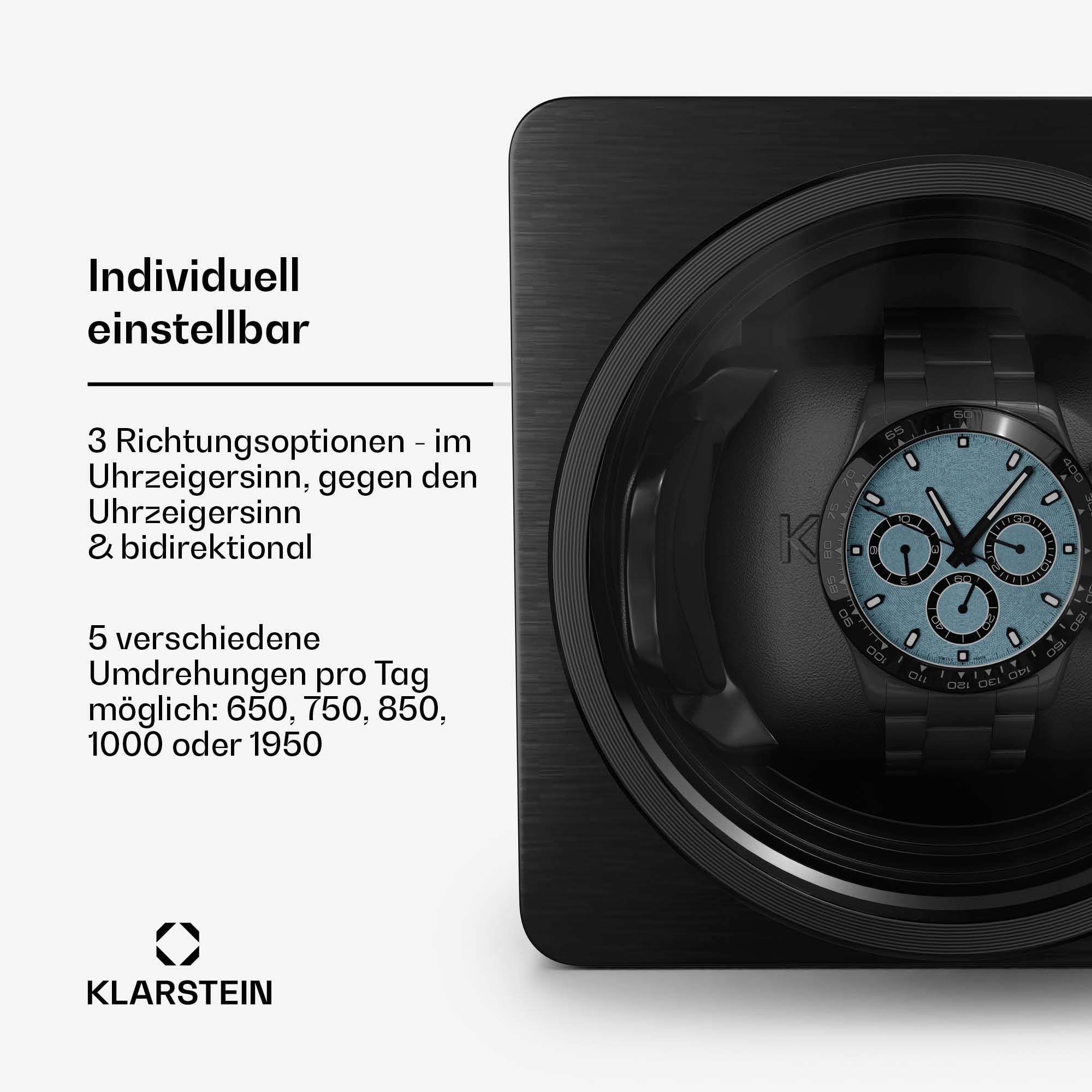 Klarstein TimeSync Uhrenbeweger – Leiser Mabuchi-Motor, veganes Leder, 5 TPD, Batteriebetrieb und Netzstrom, für 1 Automatikuhr, Schwarz – Uhrenbeweger für Automatikuhren