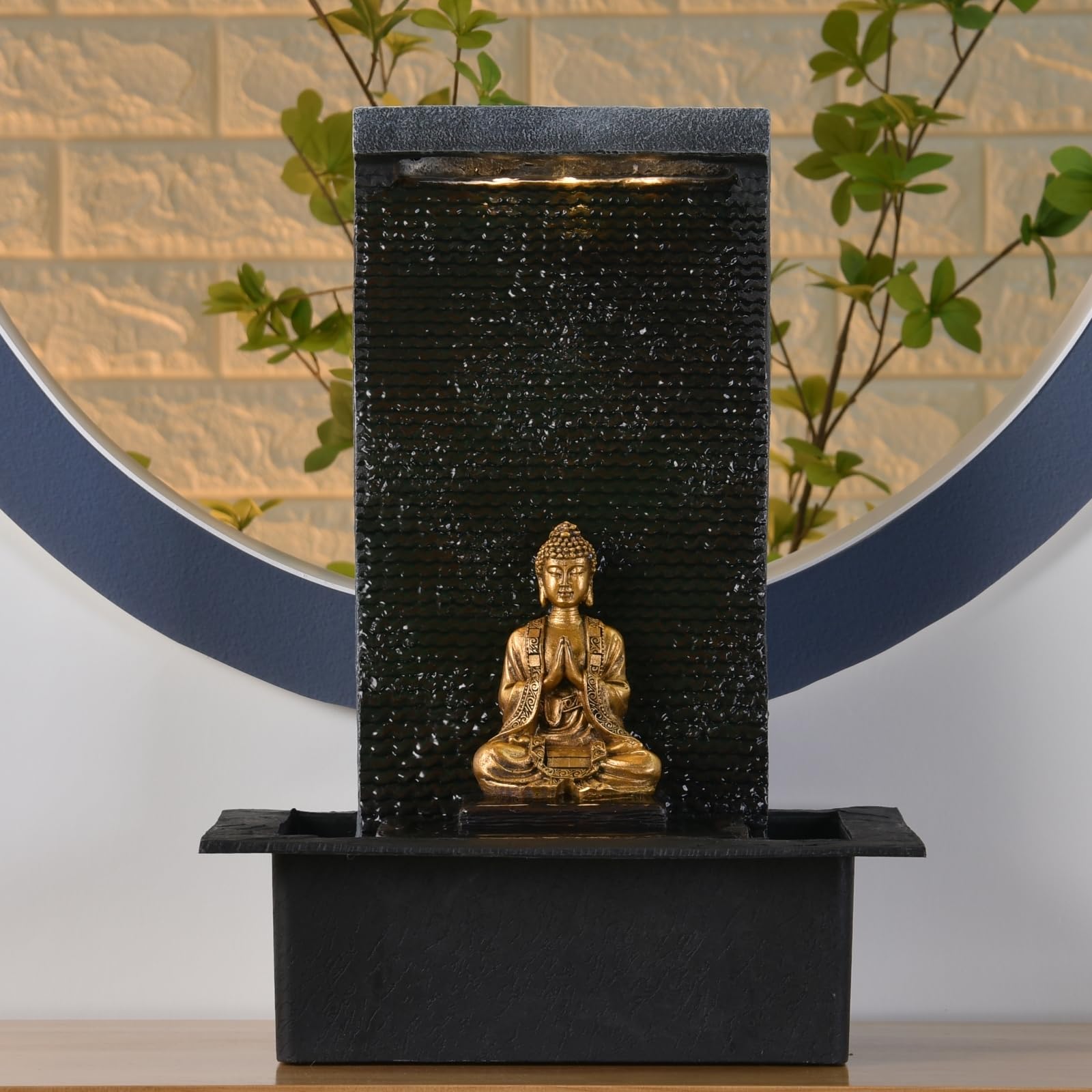 Mur d’Eau Zenitude - Fontaine d’intérieur avec Spot LED Jaune - Grande Fontaine de Table avec Statue Bouddha Amovible - Ambiance Zen pour salon, bureau, chambre - Cadeau Original - H: 40cm - Zen’Light