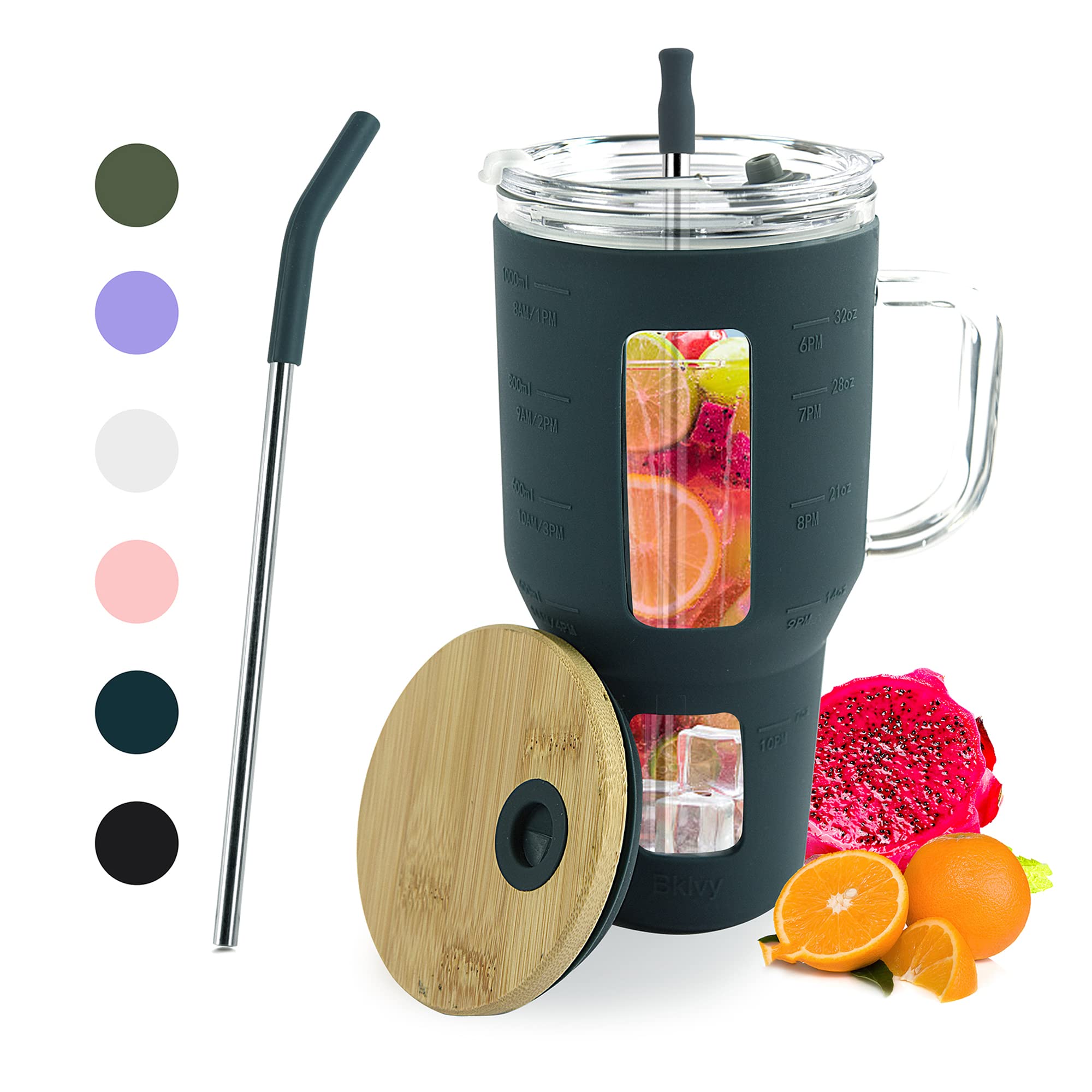 Photo 1 of 32 oz Glass Tumbler with Bamboo Mug 2 Straws & 2 Lids, Reusable Glass Water Bottles with Handle, Iced Coffee Cup with Silicone Sleeve, Boba and Drinking Straw Fits in Car Cup Holder BPA Free, Blue DBlue32 32 OZ