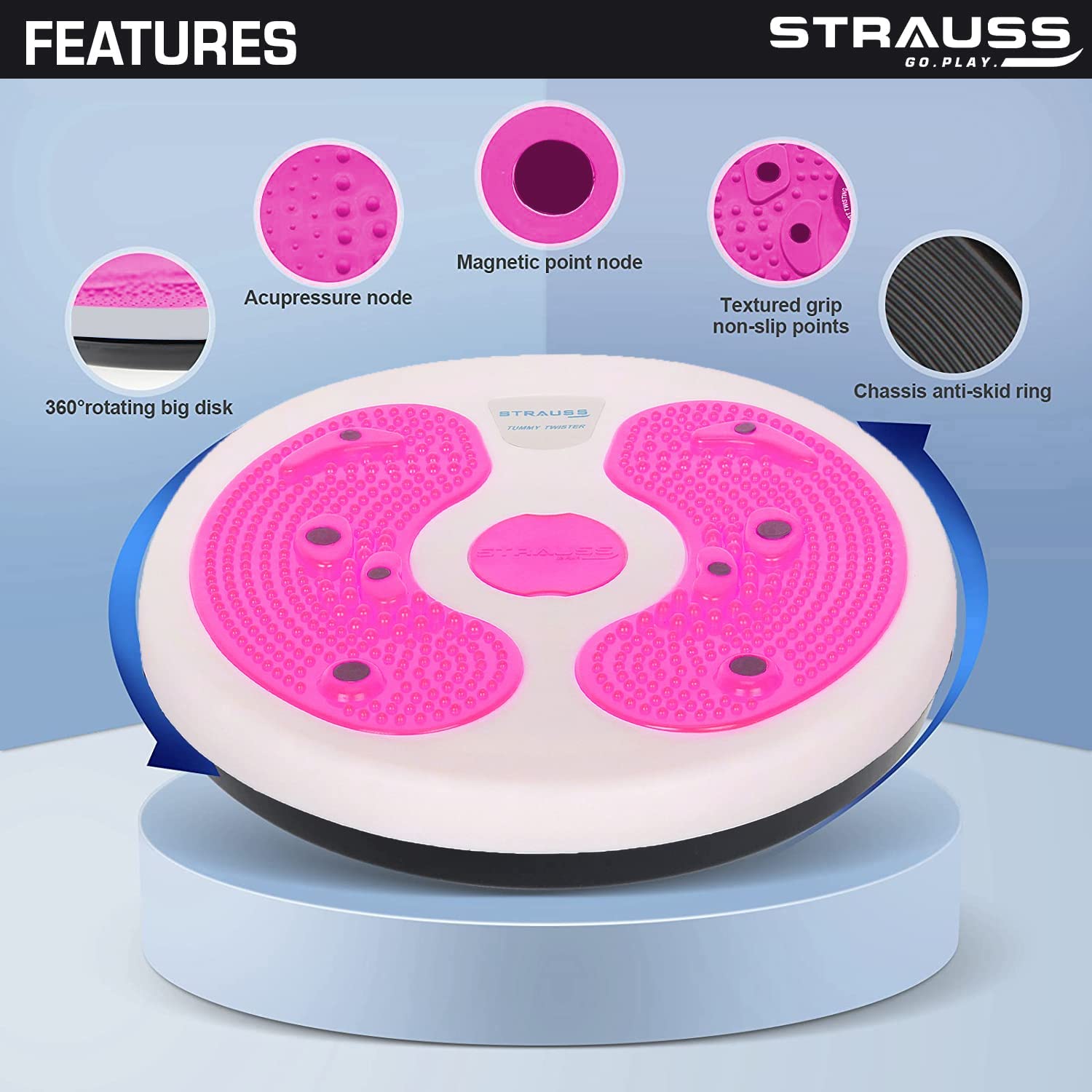 Strauss Tummy Twister | Tummy Trimmer, Abs Roller & Shaper for Women & Men | Exercise Machine with Non-Slip Surface | Ideal Equipment for Home Workouts (Pink)