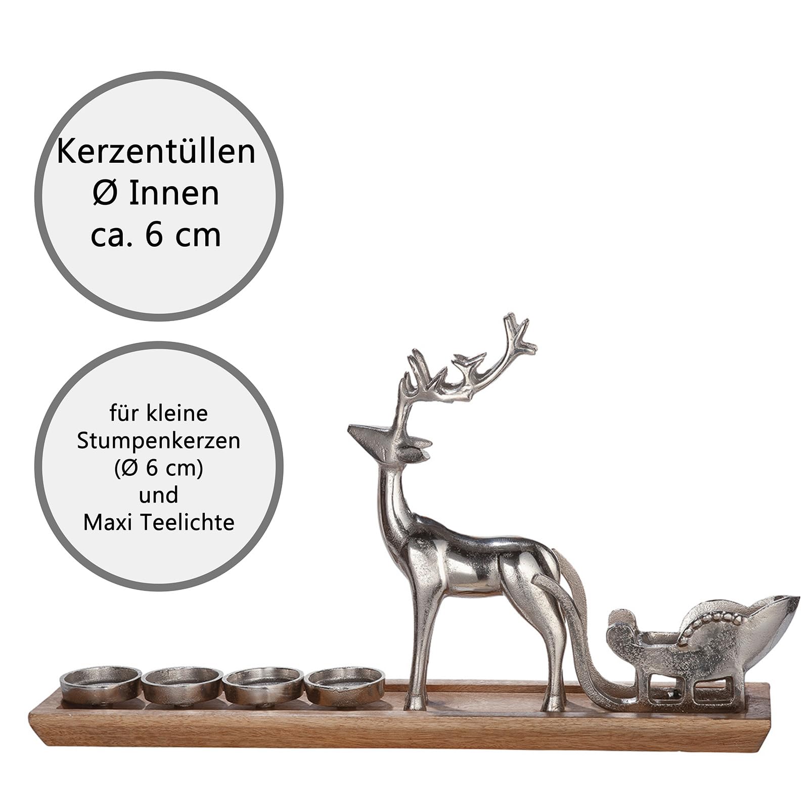 GILDE Deko großer Adventsleuchter XL – Advent Kranz Kerzen Halter modern – Adventkranz Deko Hirsch mit Schlitten – Leuchter für 4 Kerzen Farbe: Silber Braun Breite: 64 cm