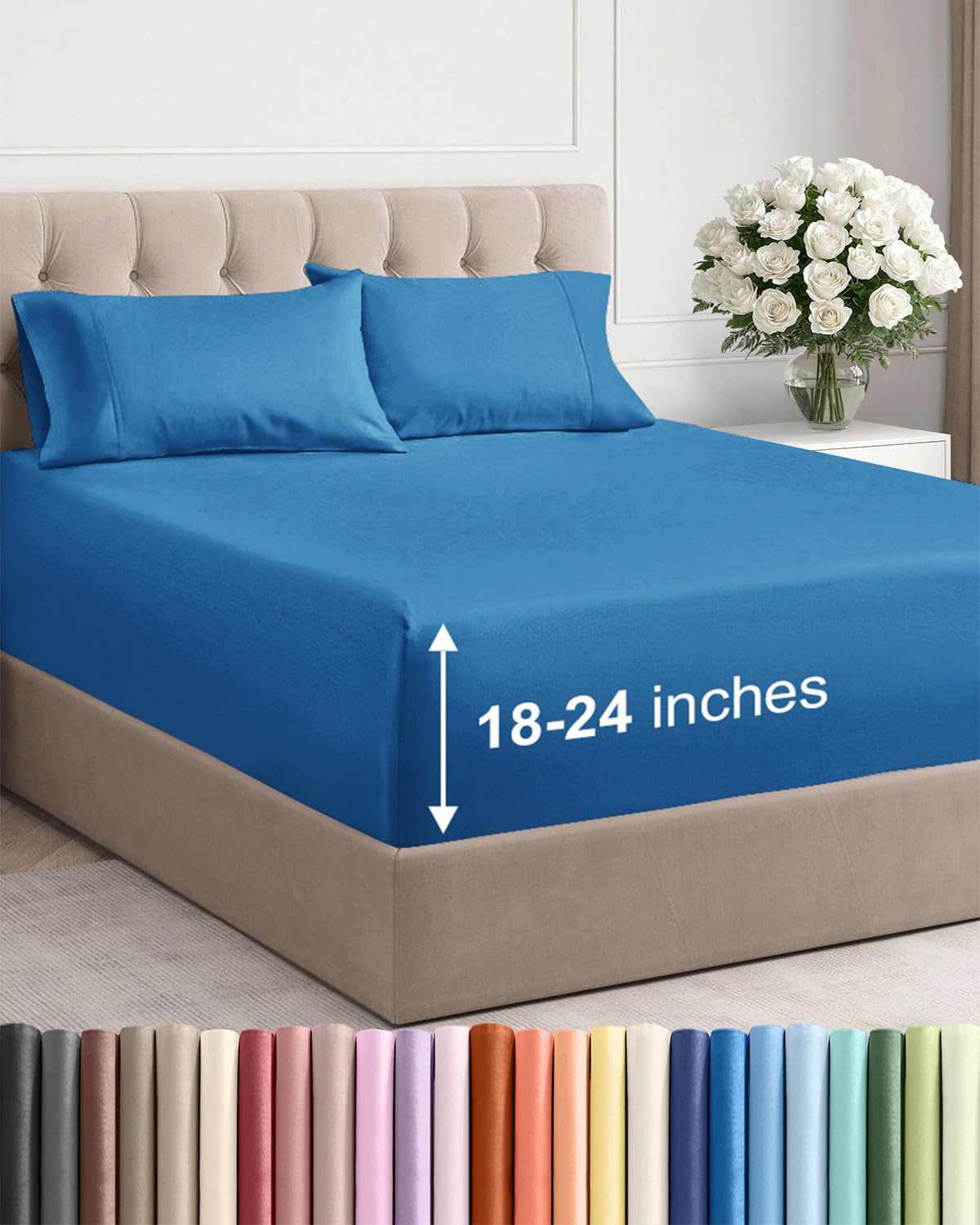 extra deep twin sheet set - 4 piece breathable & cooling sheets - hotel luxury bedding set with 18-24 inch extra deep pockets - easy fit - super soft, wrinkle free and comfy - denim blue, twin size