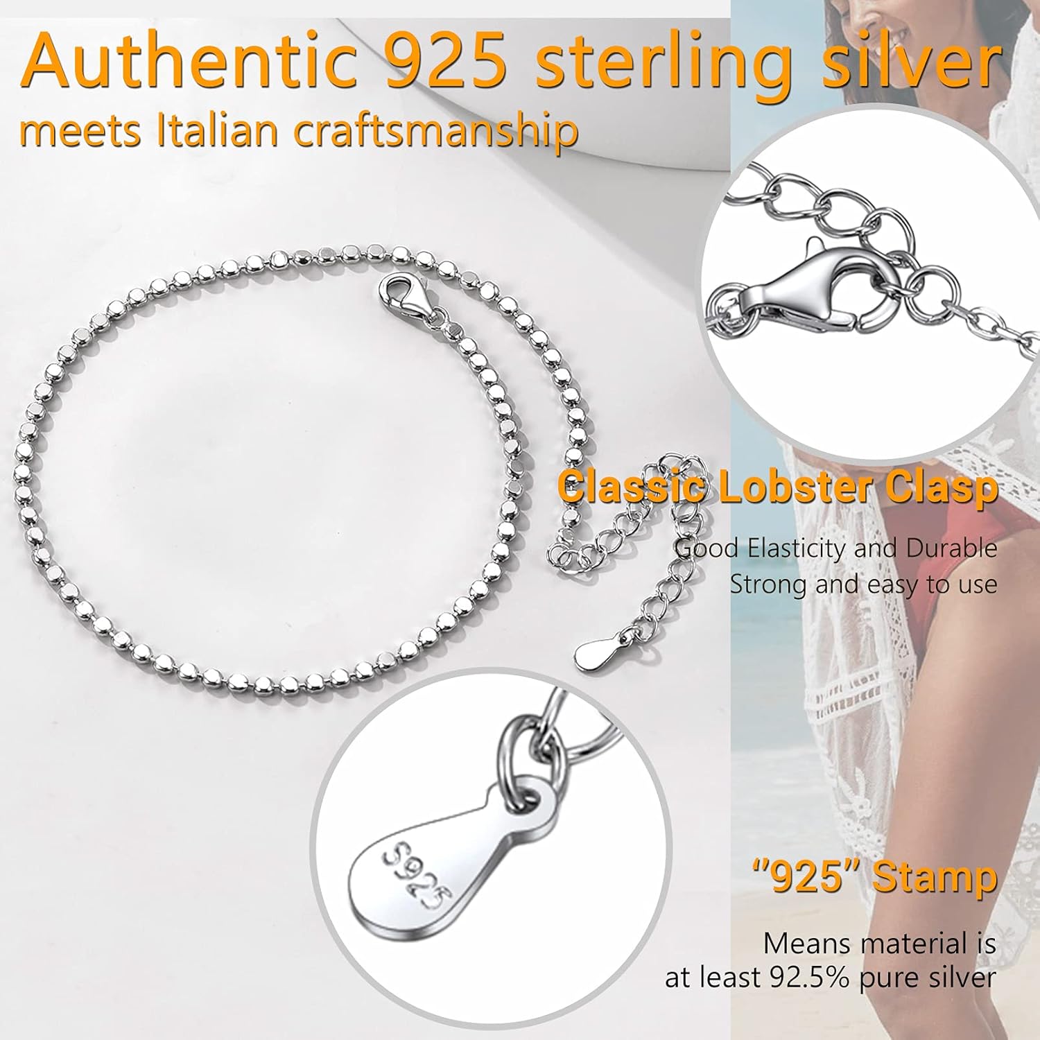 PROSILVER 925 Sterling Silver Ankle Bracelets For Women, Stylish Chain Anklets, Summer Beach Jewelry, 8.6-10.6 Inch Adjustable, Come with Box - Image 4