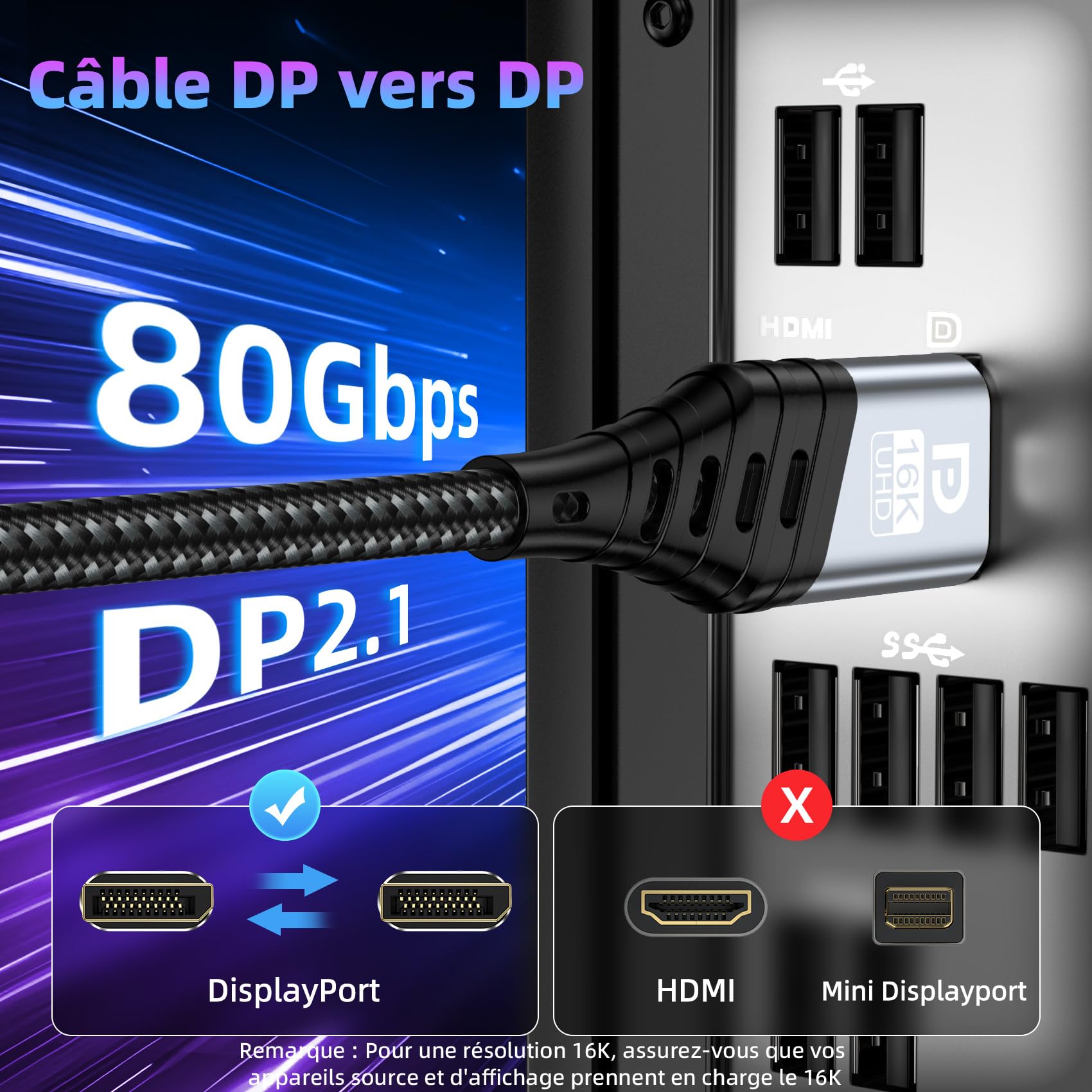 Câble DisplayPort 2m 2.1, 16K Câble DP 16K@60Hz, 8K@120Hz, 4K@240Hz/165Hz/144Hz 80Gbps, HDR, FreeSync, G-Sync, DSC 1.2a, HDCP 2.2 pour Moniteur de Jeu, Carte Graphique