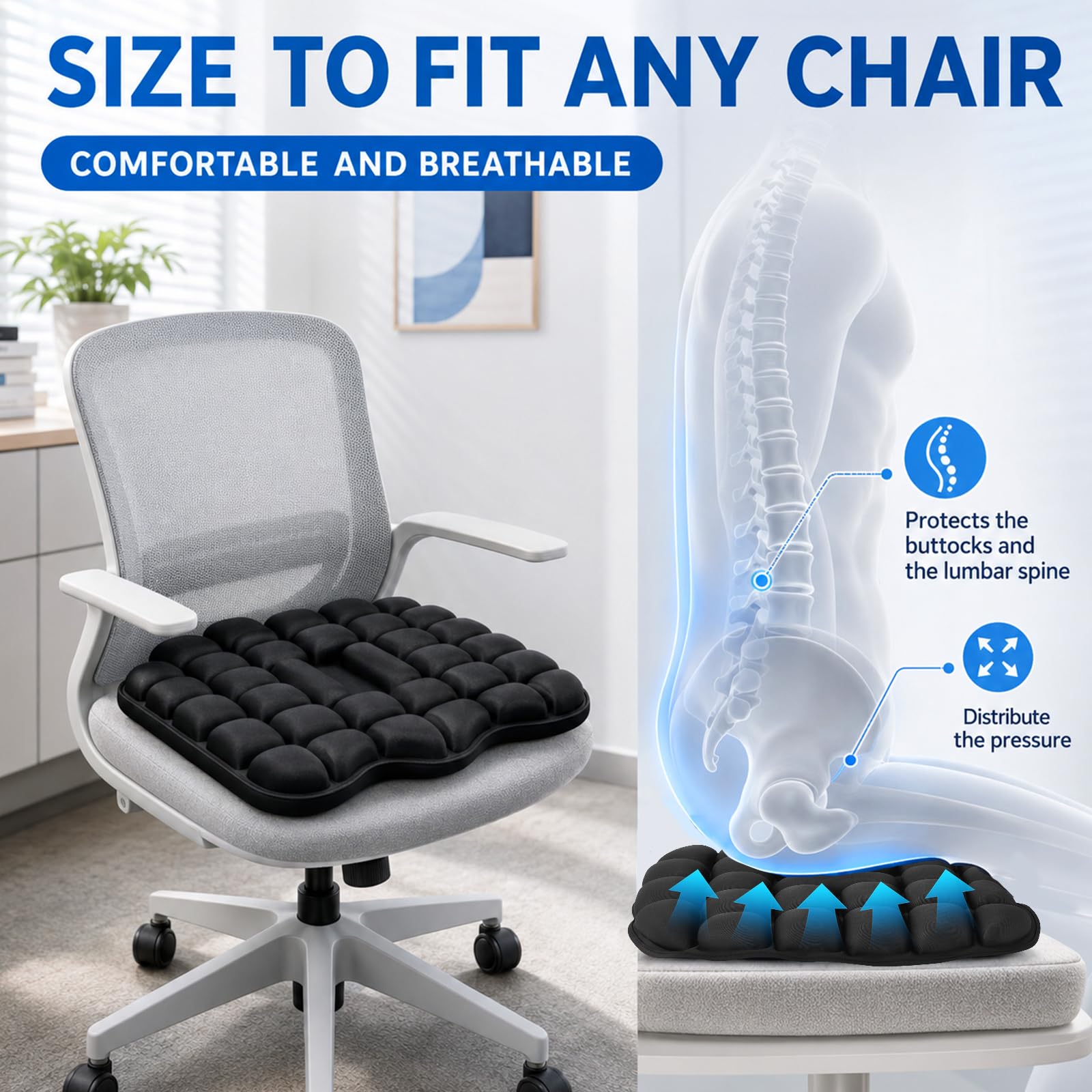Cojín de asiento con 56 células de aire, antiescaras, anillo de asiento para silla de ruedas, oficina, coche, alivio de presión, cojín ortopédico de TPU y licra, soporta hasta 200 kg