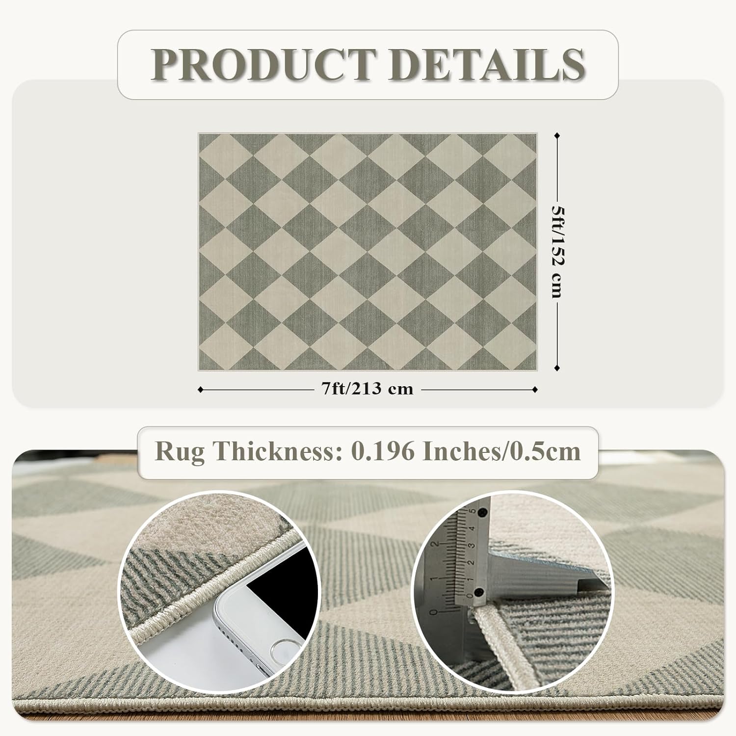 Beeiva Checkered Print 5x7 Rugs for Living Room, Non Slip Soft Green Rugs for Bedroom Ultra Thin Washable Rugs 5x7, Moroccan Farmhouse Carpet for Playroom Kids Room, Classic Classroom Dorm Home Decor - Image 2