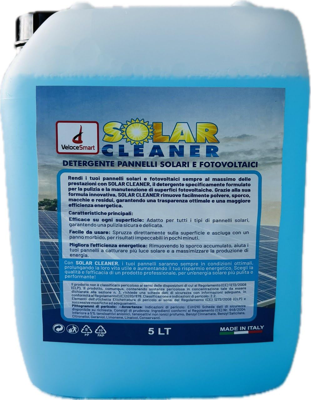 Detergente Professionale per Pannelli Solari e Fotovoltaici, VeloceSmart Solar Cleaner 5 Litri, Formula Innovativa per Massima Efficienza