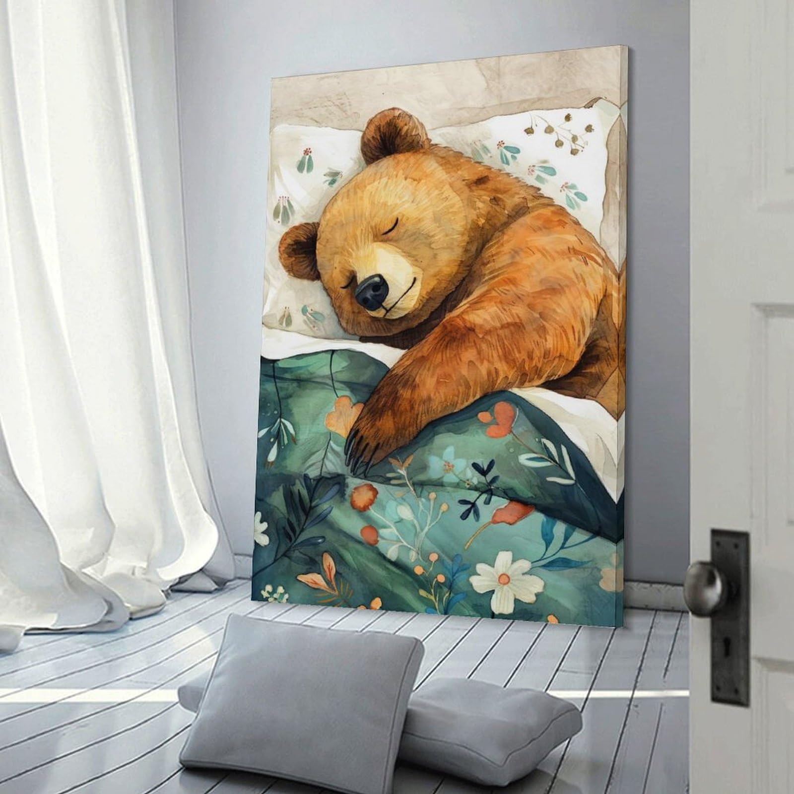 Junmoney Bear Sleeping Canvas Wall Art, 20x30inch(50x75cm), for Bedroom, Guest Room Or Reading Nook, Decorative Wall Art for Cosy Rooms