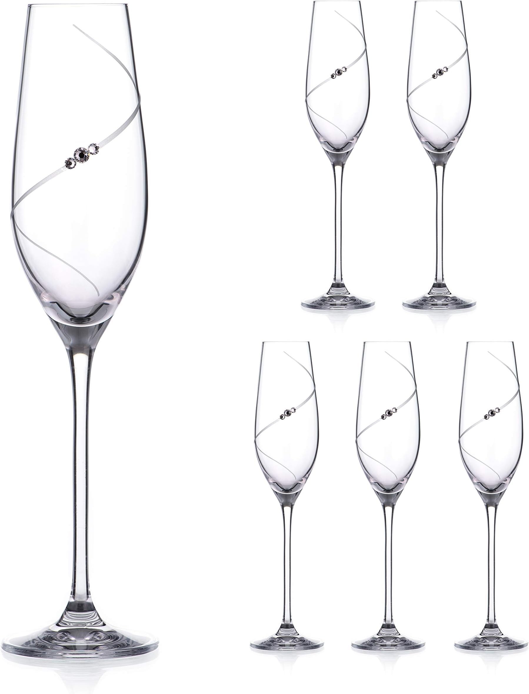– Champagne Flutes Prosecco Glasses with ‘Silhouette’ Hand Cut Design Embellished with Crystals - Set of 6