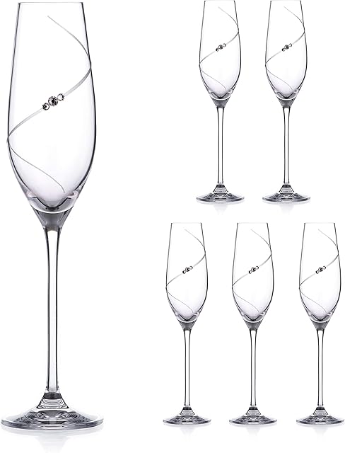 DIAMANTE Swarovski Champagne Flutes Prosecco Glasses with Silhouette Hand Cut Design Embellished with Swarovski Crystals - Set of 6