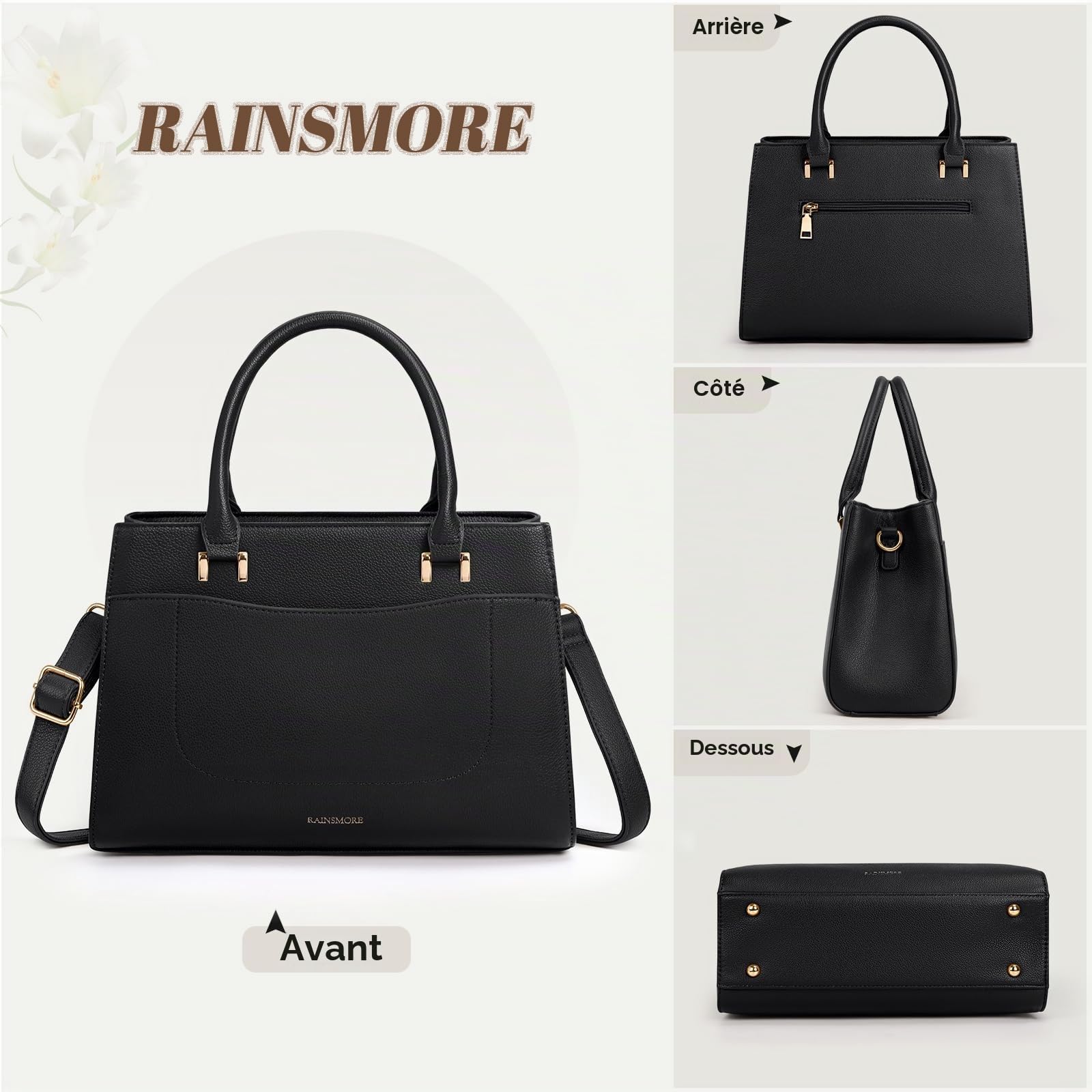 RAINSMORE Sac a Main Femme PU Cuir Sacs à Main Portés Sac à Bandoulière Cabas Fourre Tout Femme Imperméable pour Université Voyage Travail Décontracté