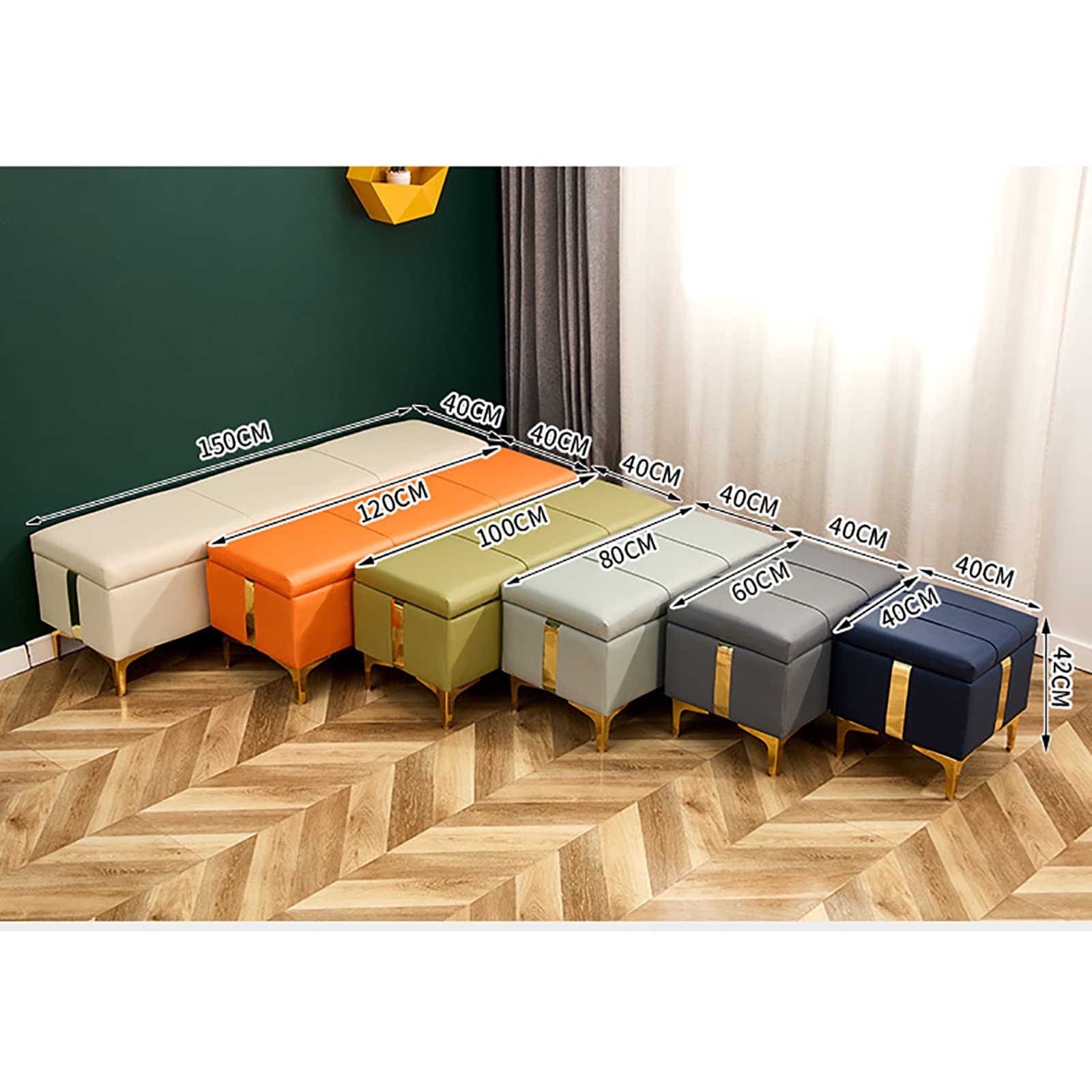 Moderno banco otomano tapizado de piel sintética para sala de estar, entrada, rectangular, con reposapiés, color 2, 60 x 40 x 45 cm