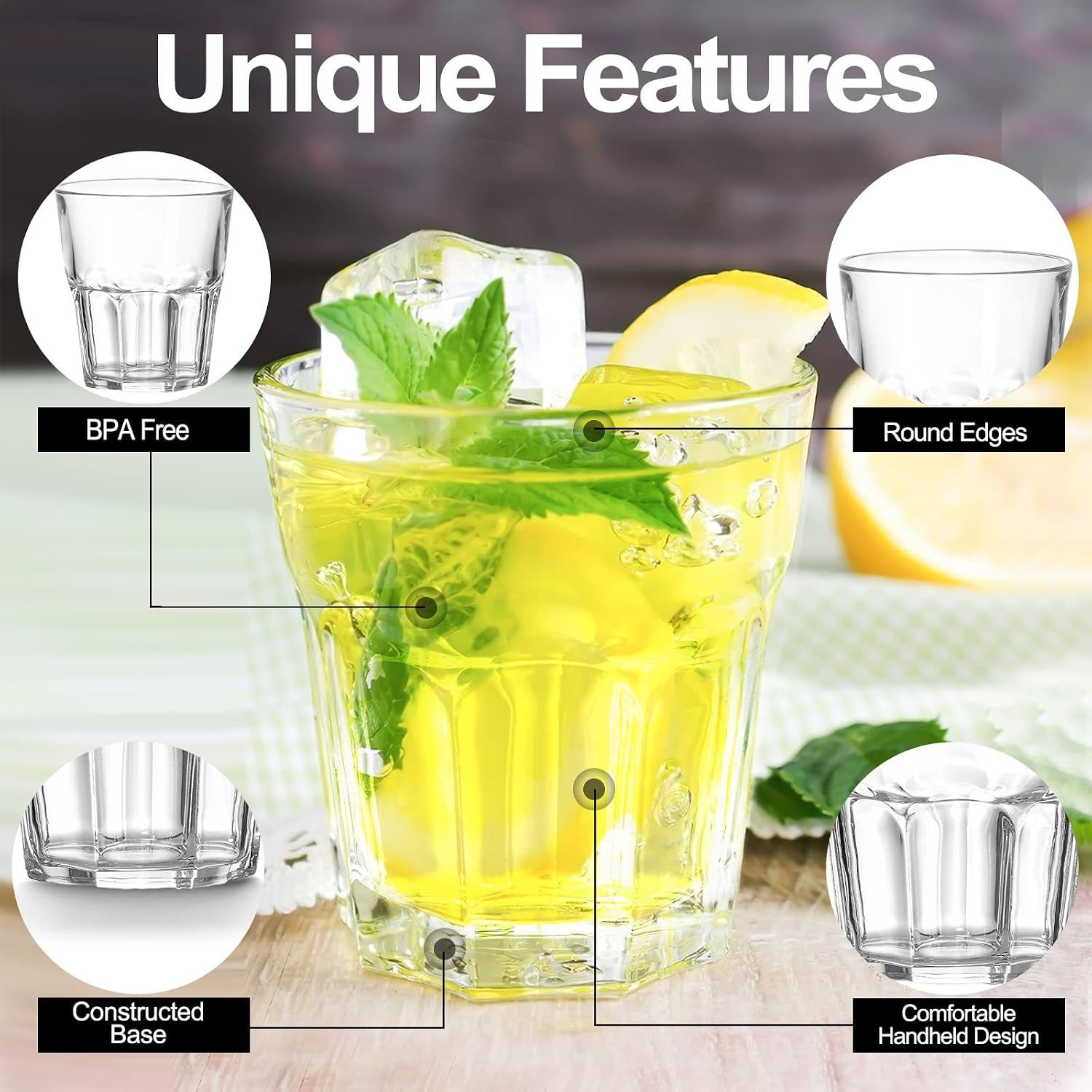PEMOTech Plastic Glasses Stackable Set of 4, Unbreakable [BPA Free] Acrylic Plastic Tumblers Camping Portable Reusable Cups Drinking Glasses for Adults Kids Party Cups- Crystal 255ml (9oz)
