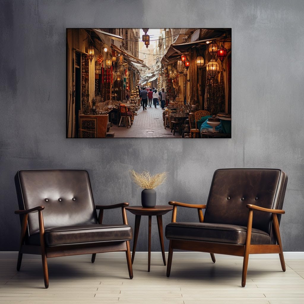 Canvas for Living Room. Lantern-Lit Lanes: A Bustling Marketplace Alive with Urban Enchantment, 27 x 18 inch Canvas Wall Art - Modern Home Decor