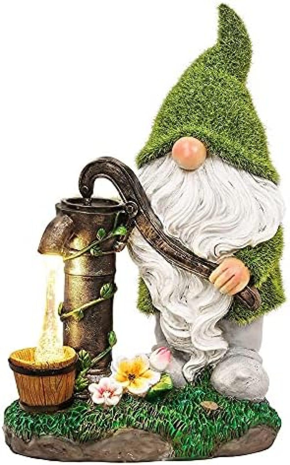Gnomo con Pompa dell'Acqua, Luce Ad Energia Solare, Statuetta da Giardino in Resina Impermeabile, Divertente Ornamento di Gnomo da Giardino Floccato, per La Decorazione del Cortile, del Prato, del