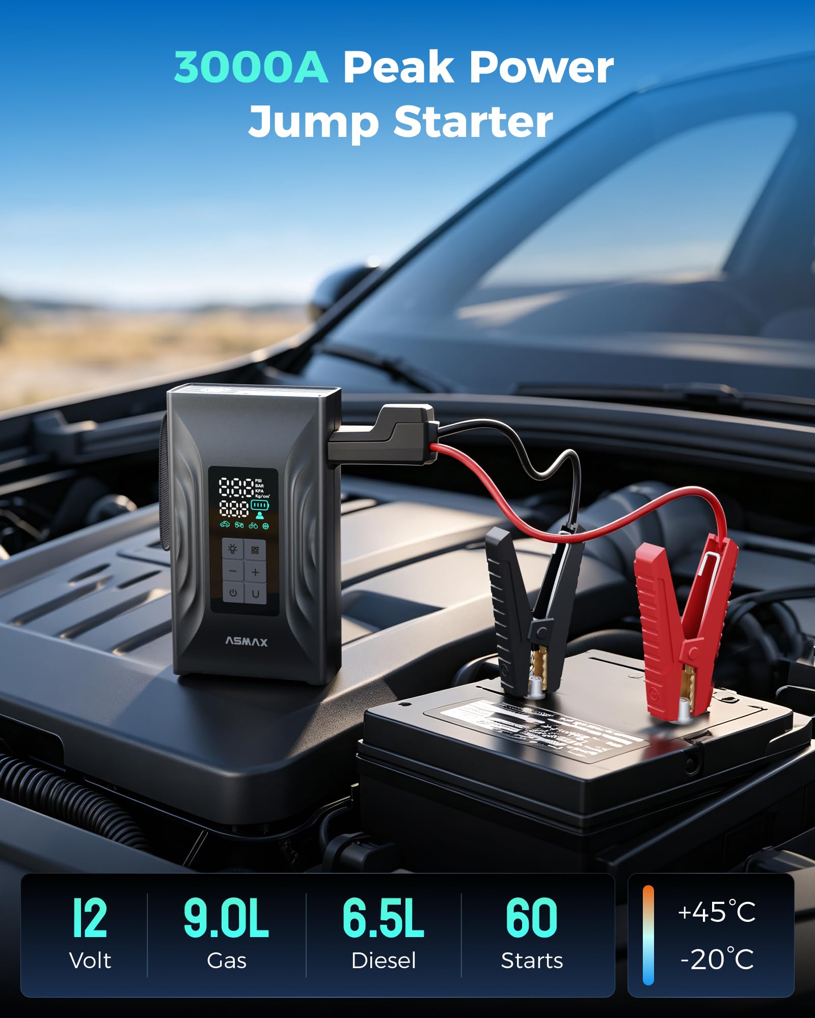ASMAX 4000 A urządzenie ułatwiające rozruch ze sprężarką powietrza, do 9,0 l benzyny i oleju napędowego 8,0 l, przenośny powerbank i pompa do opon 150 psi do roweru, piłki, 12 V Jump Starter do