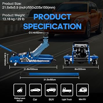 2.5 Ton Floor Jack Low Profile, Heavy-Duty Steel Racing with Single Piston Lift Pump, Lifting Range 3.35-14.96 (Blue)