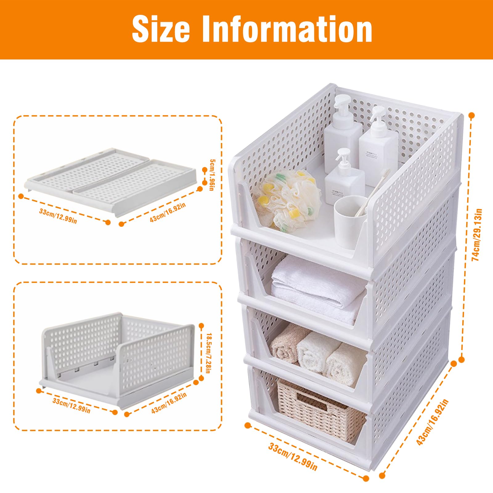 4 Piezas Organizador Armario Apilable, Cajas Almacenamiento Plastico Plegable, Cesta Cajoneras Almacenaje Interior, Organizadores Cajones Ahorra Espacio para Ropa, Cocina, Dormitorio, Baño (Blanco)