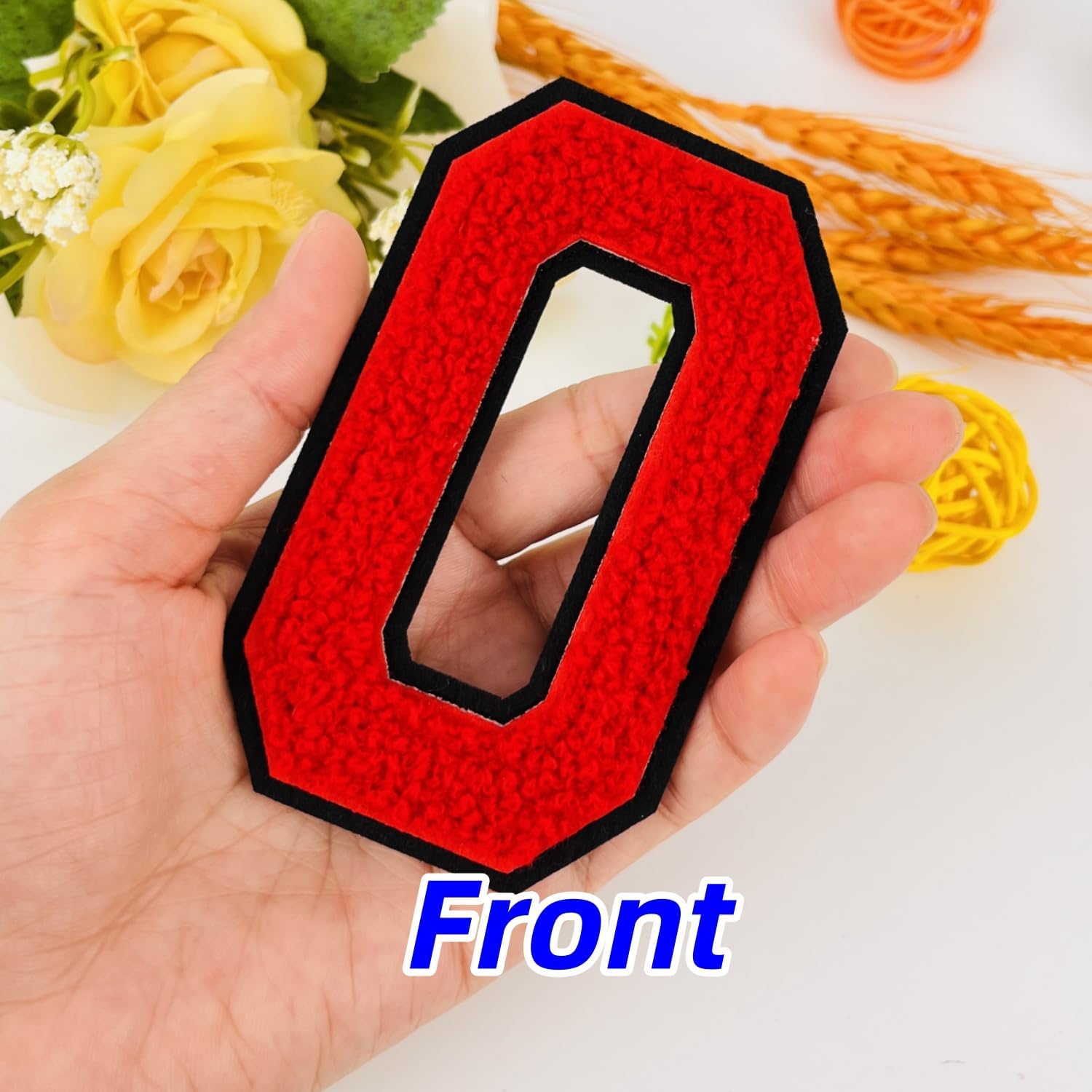1 PCS 4.0" Red Chenille Number Patch with Black Edge, Iron on Patches for Hats Clothes Bags Backpacks Jeans Jackets, Pair with Initial Patches Large Varsity Letter. (Red 0) image 3