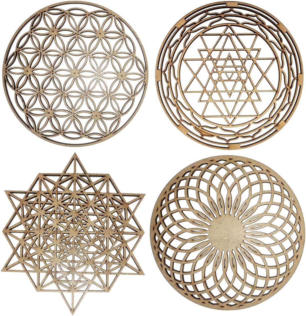 Purpledip Wooden Laser Cut Wall Hanging Divine Shapes Yoga Meditation Set Of 4: Sri Yantra, Sacred Flower, 64 Star Tetrahedron & Fountain Of Energy, Unfinished (12381)