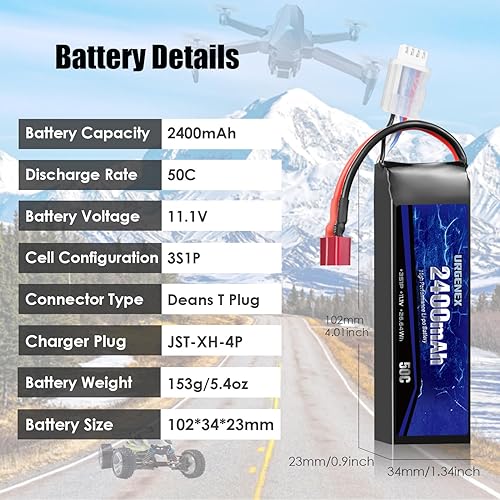 Miniatura 2 de URGENEX Batería Lipo de 11.1 V 2400 mAh 50C de alta tasa de descarga 3S RC Baterías con Deans T Plug Fit para avión RC, FPV Drone, UAV Quadcopter y