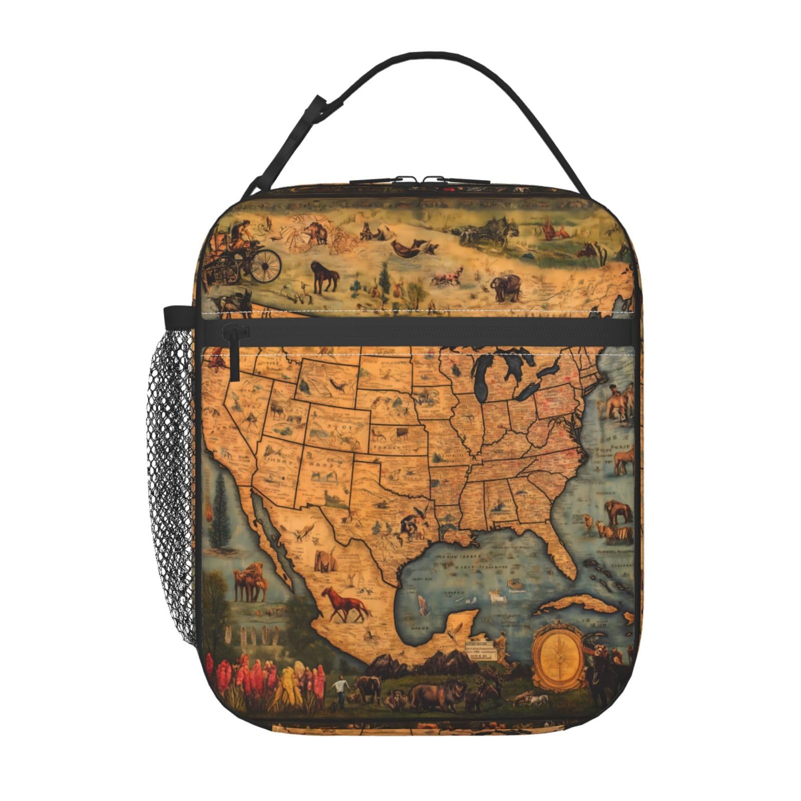 Insulated Lunch Box for Women Men, Vintage Map Theme Lunch Box Reusable Portable Lunch Bag Cooler Tote Waterproof Lunch Container for Office Picnic