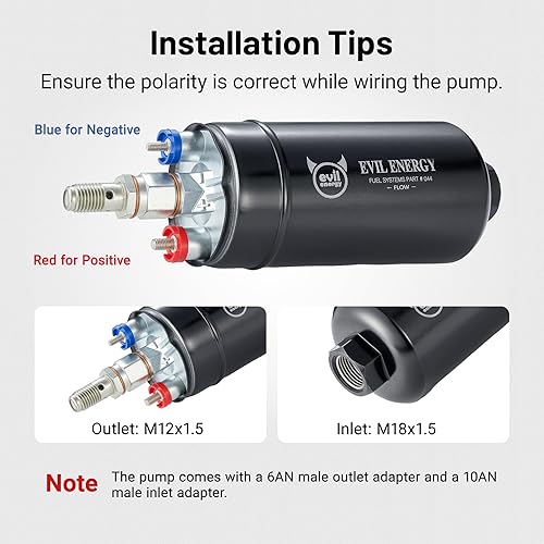 Miniatura 3 de EVIL ENERGY Bomba de combustible en línea externa eléctrica 300LPH de alto flujo 12V con abrazadera de soporte de 2.362 in negro