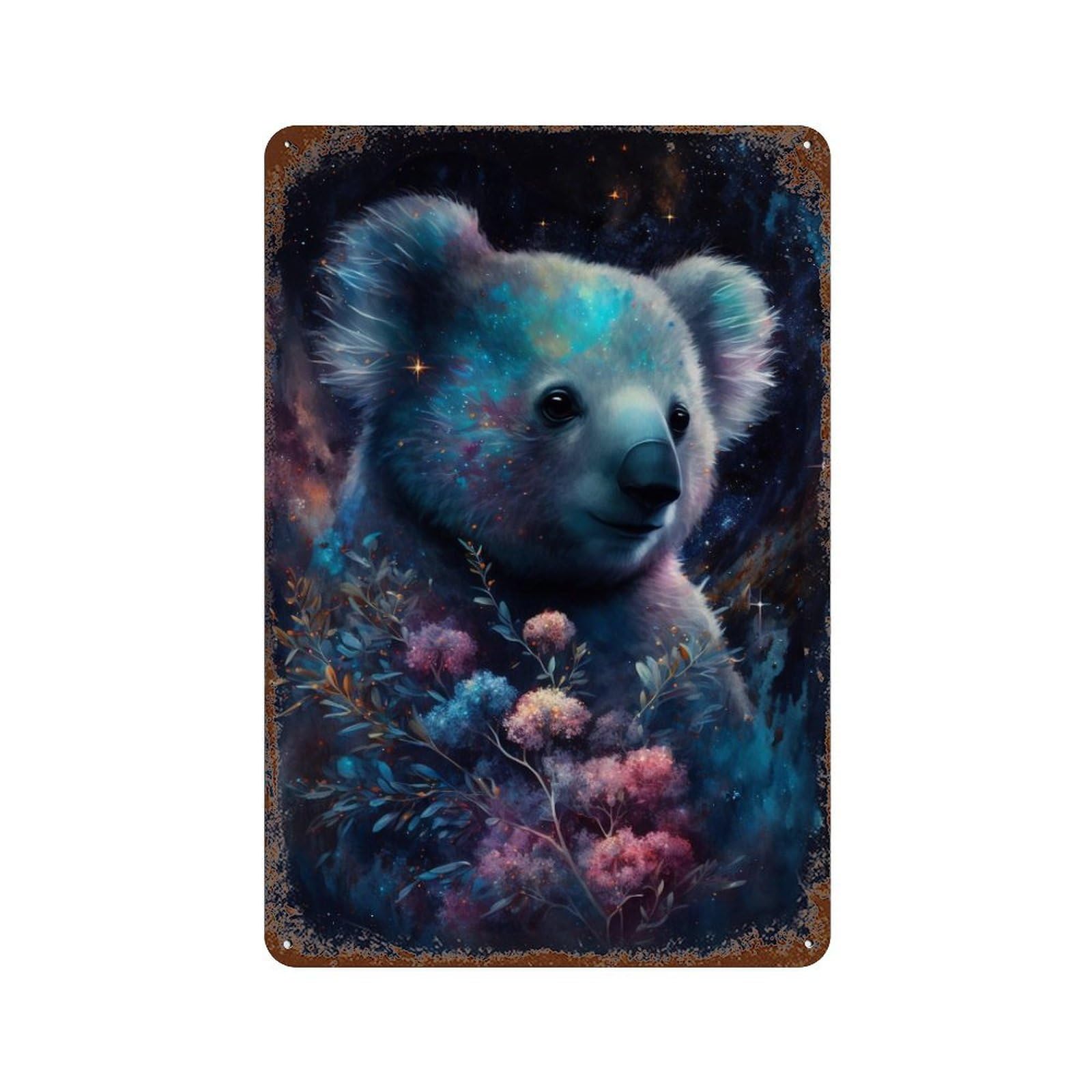 Rust Effect Cosmic Koala with Flowers-3 Retro Metal Sign 11.8"x7.9", Novelty Wall Decor for Bistro, Counter And Cafe Decor